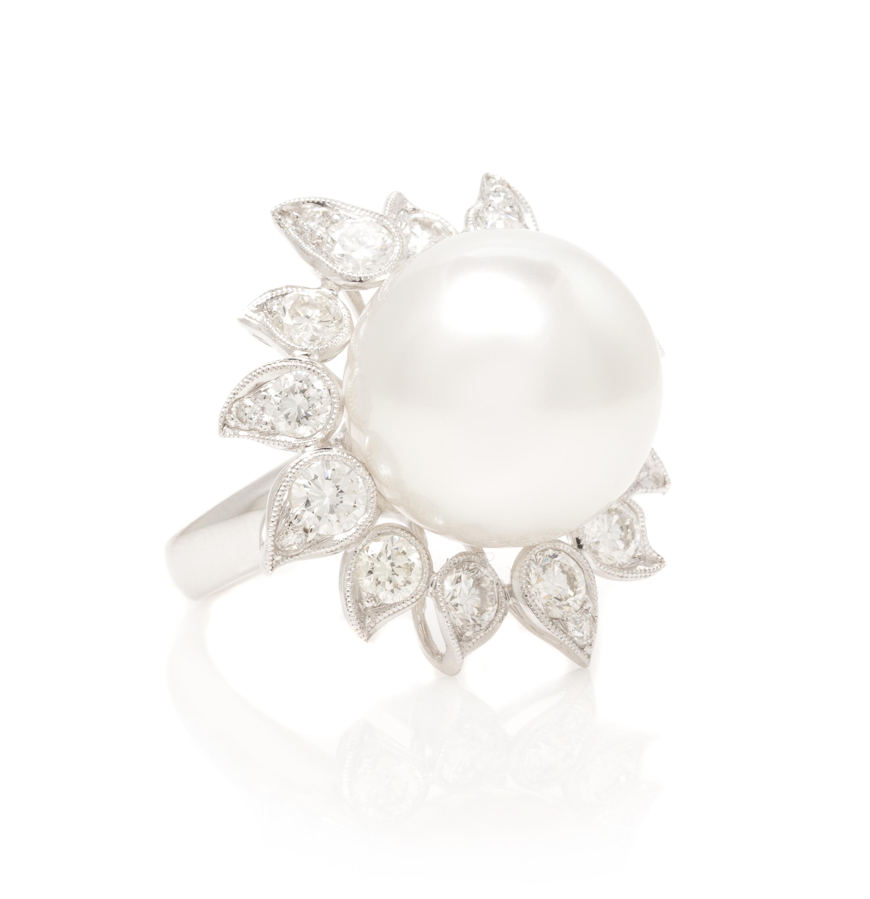 A Platinum, Cultured South Sea Pearl and Diamond Ring, H. Emperor, 9.00 dwts.