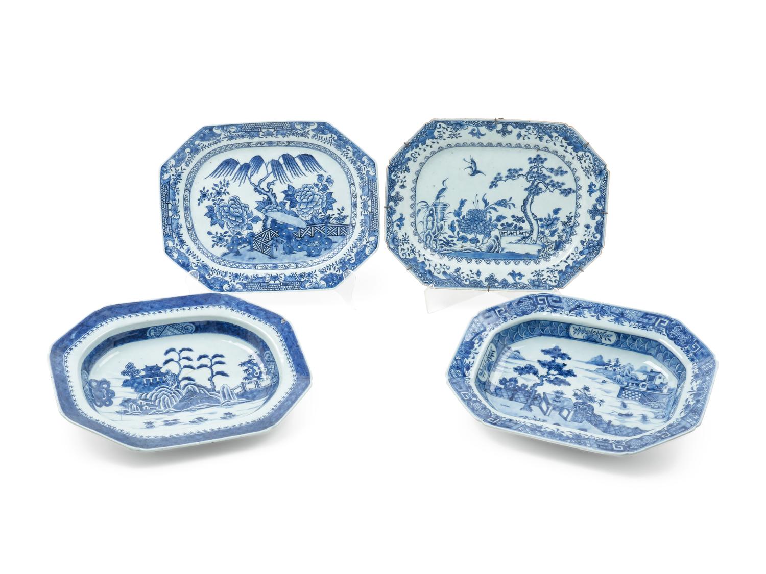 Four Chinese Export Blue and White Porcelain Platters