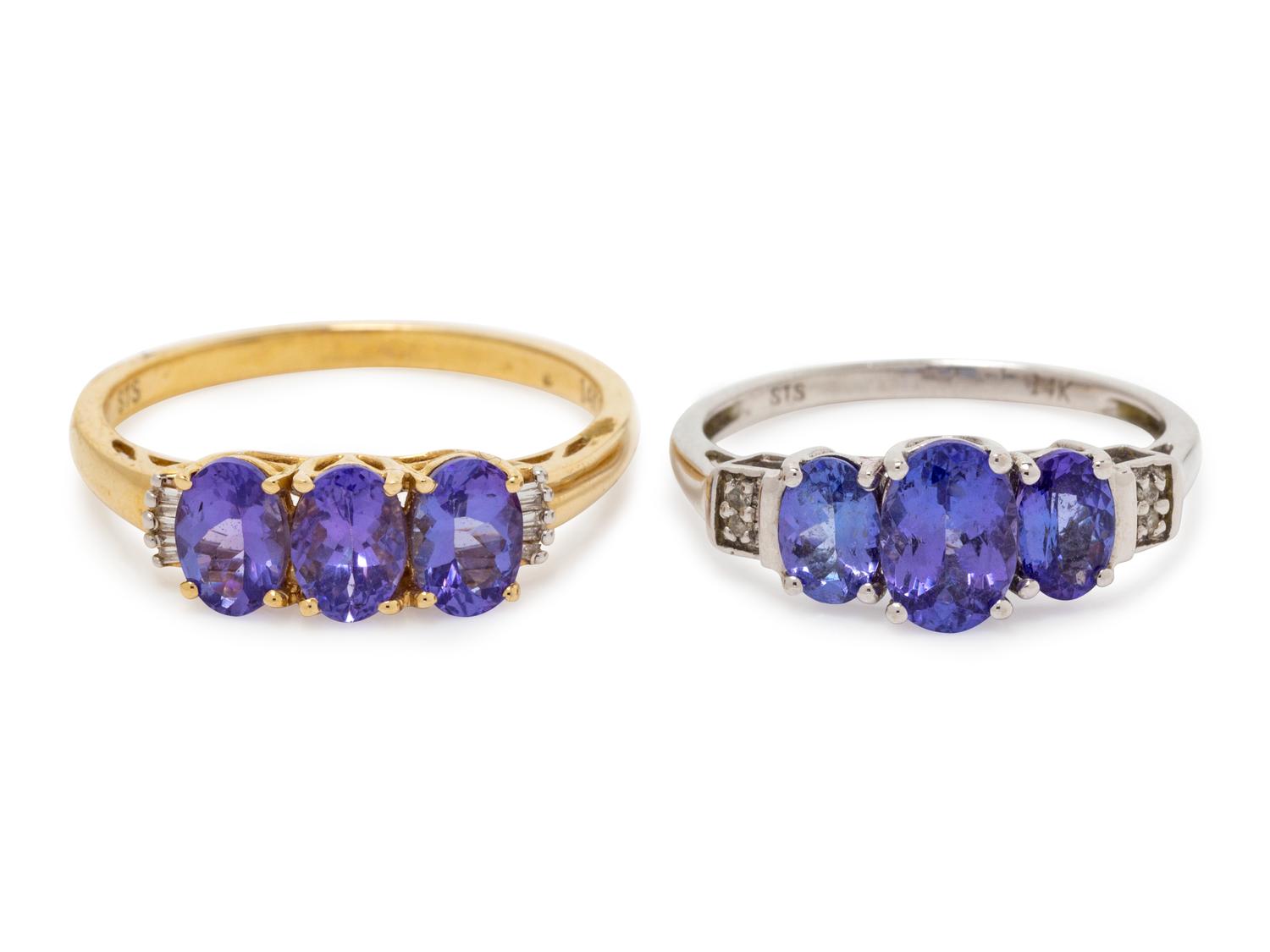 A Collection of 14 Karat Gold, Tanzanite and Diamond Rings,