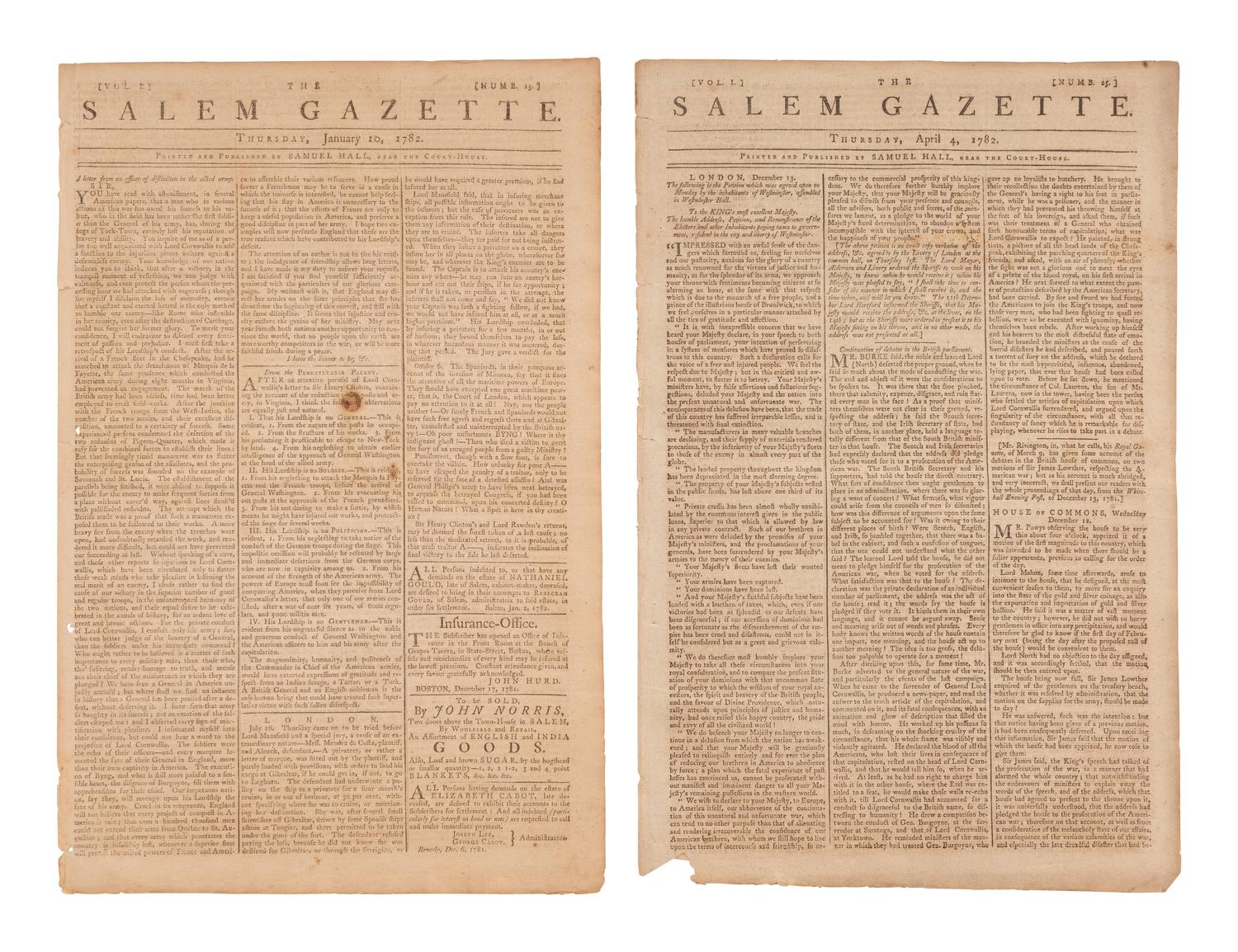 [REVOLUTIONARY WAR]. Group of 3 newspapers incl. a 1776 Penn. Evening Post and The Salem Gazette .