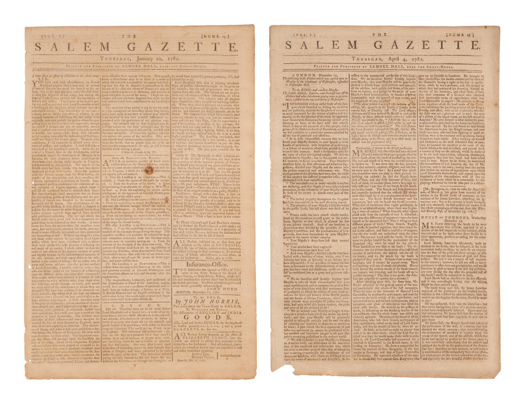 [REVOLUTIONARY WAR]. Group of 3 newspapers incl. a 1776 Penn. Evening Post and The Salem Gazette .