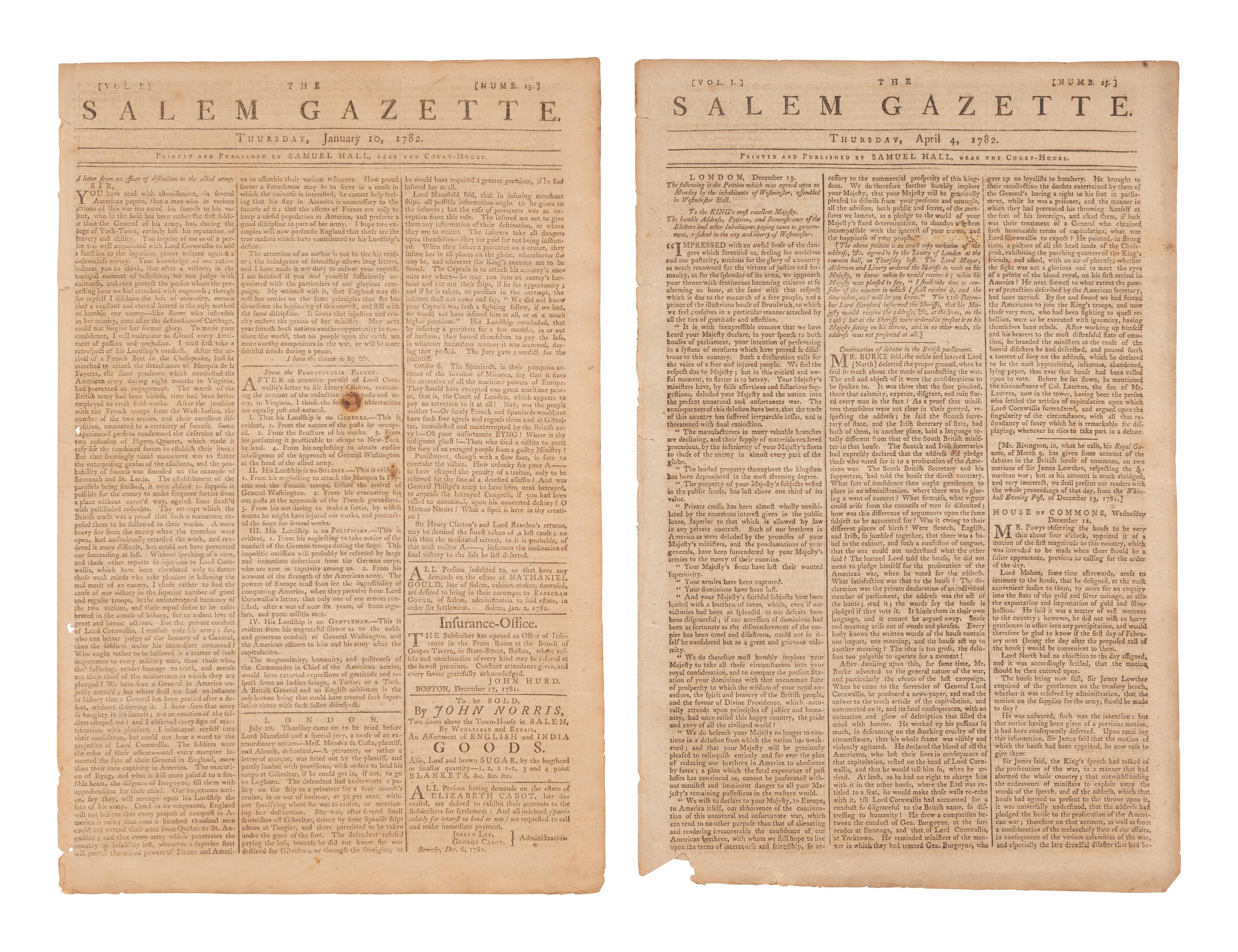 [REVOLUTIONARY WAR]. Group of 3 newspapers incl. a 1776 Penn. Evening Post and The Salem Gazette .