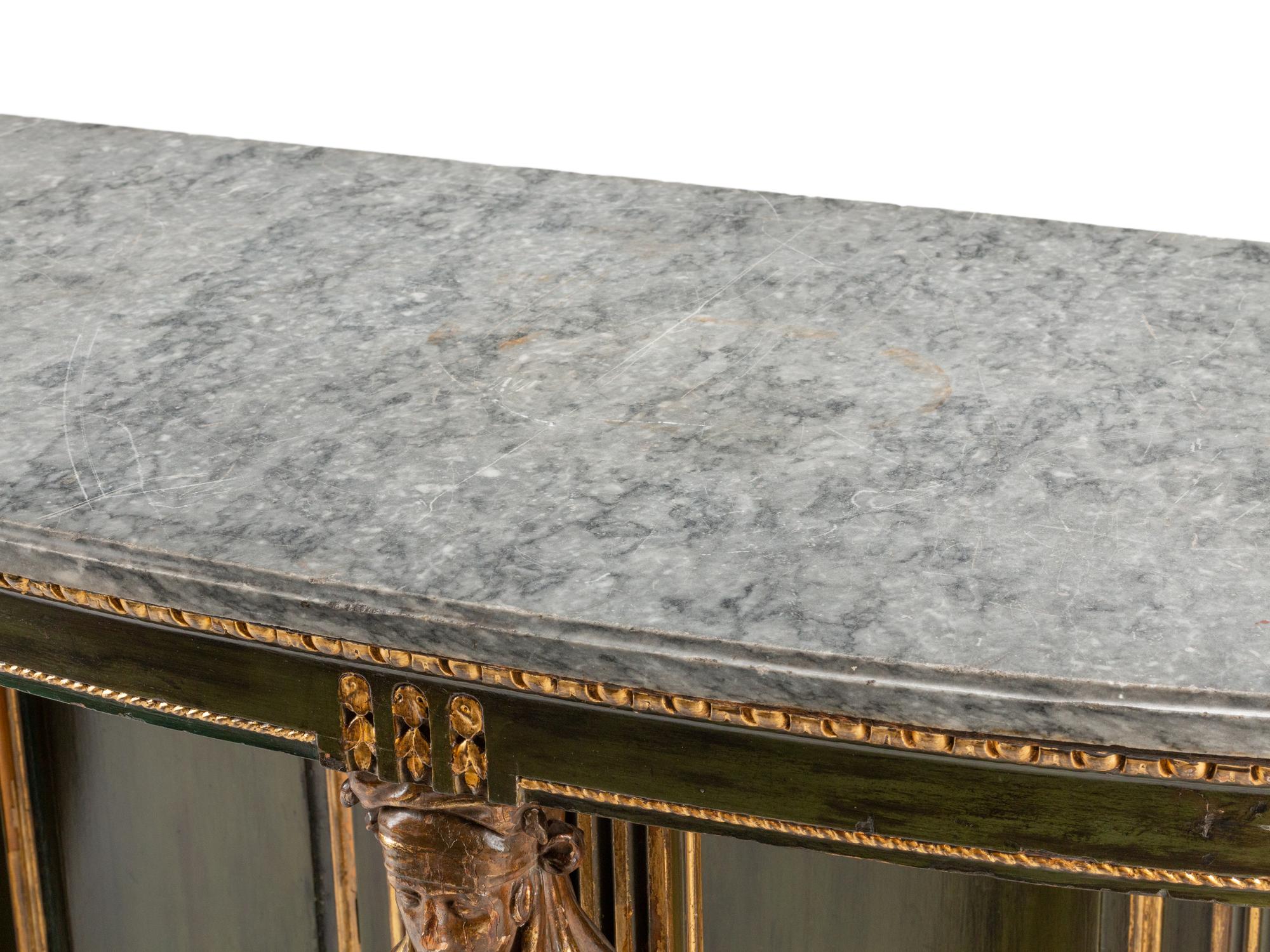 A North European Green Painted and Parcel Gilt Marble-Top Pier Table