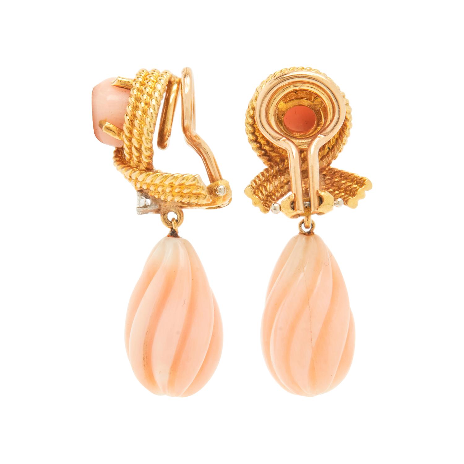 YELLOW GOLD, CORAL AND DIAMOND CLIP EARRINGS