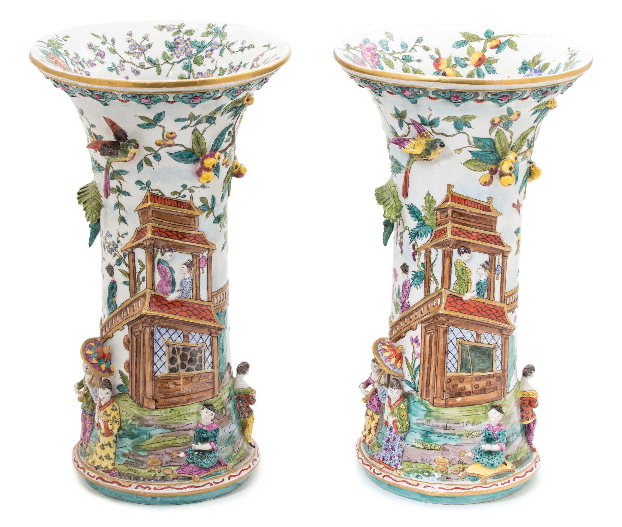A Pair of Chinese Style Gu-Form High Relief Samson Porcelain Vases Height 15 inches. — 19TH CENTURY