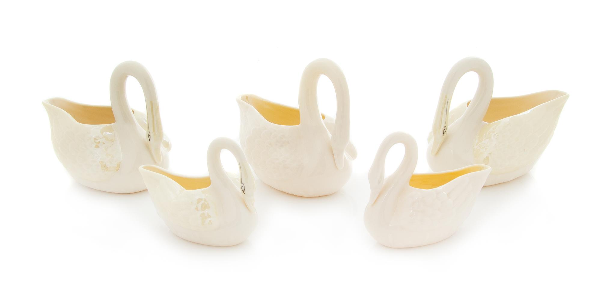 Five Belleek Swan Creamers Length of longest 5 3/4 inches. — FIFTH GREEN MARK THROUGH SEVENTH GOLD MARKS (1955-1993)