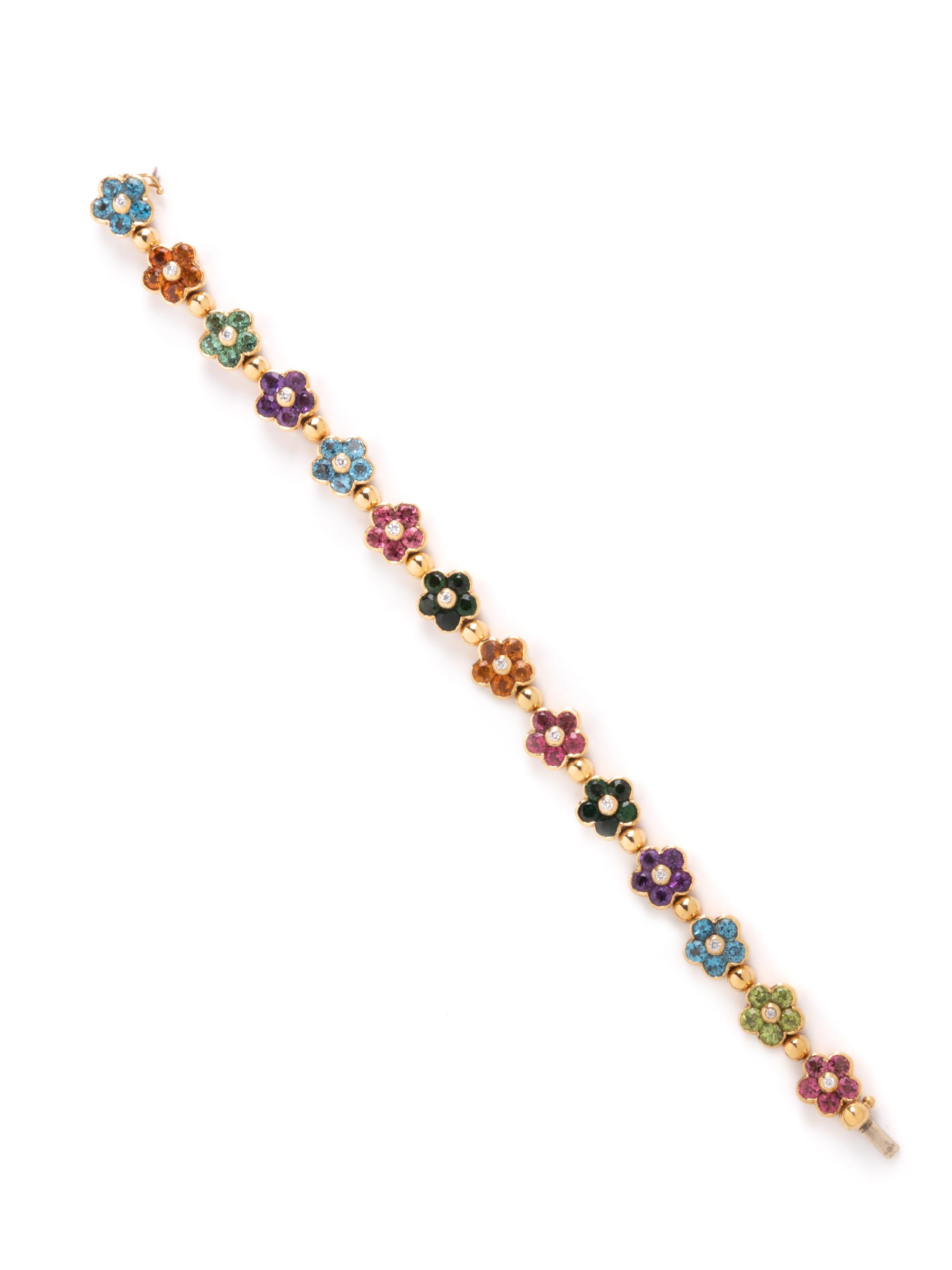 YELLOW GOLD, DIAMOND, AND MULTIGEM FLOWER BRACELET