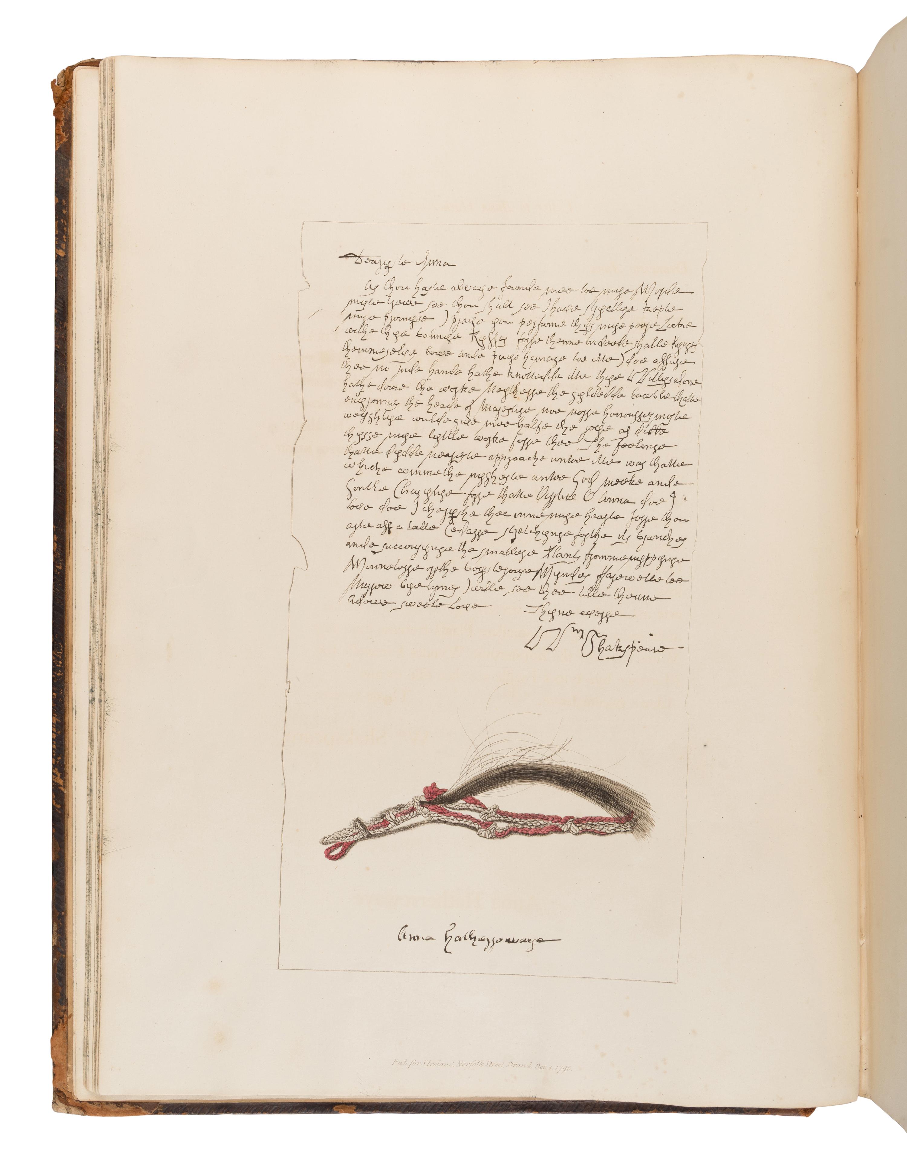 [Shakespeare, William (1564-1616)]. Ireland, Samuel (1744-1800). Miscellaneous Papers and Legal Instruments under the Hand and Seal of William Shakespeare: Including the Tragedy of King Lear and a Small Fragment of Hamlet, from the Original MSS... London: Cooper & Graham for Mr. Egerton, et al., 1796 [but Christmas Eve, 1795].
