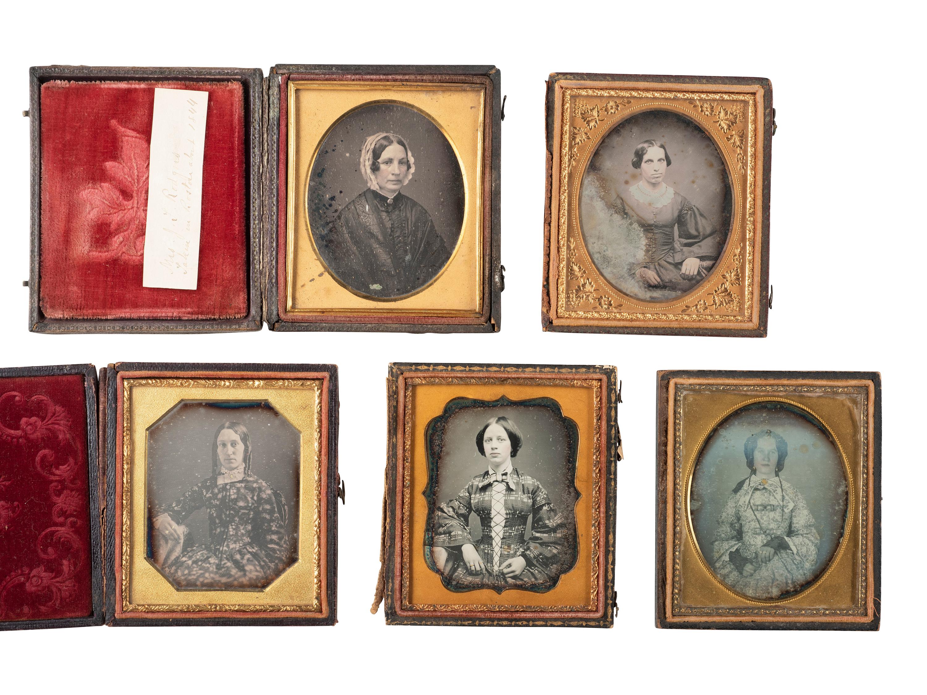 35 sixth plate daguerreotypes featuring women of varying ages.
