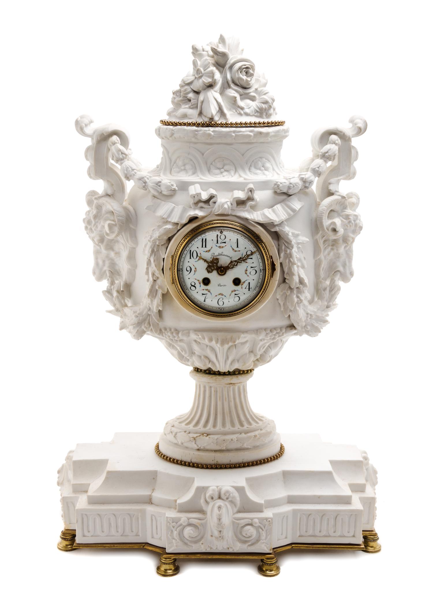 A Sevres Style Bisque Porcelain Mantel Clock, 19TH CENTURY, MOVEMENT BY L. MARTI, Height 26 1/2 inches. — 19TH CENTURY, MOVEMENT BY L. MARTI,