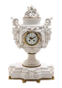 A Sevres Style Bisque Porcelain Mantel Clock, 19TH CENTURY, MOVEMENT BY L. MARTI, Height 26 1/2 inches. — 19TH CENTURY, MOVEMENT BY L. MARTI,