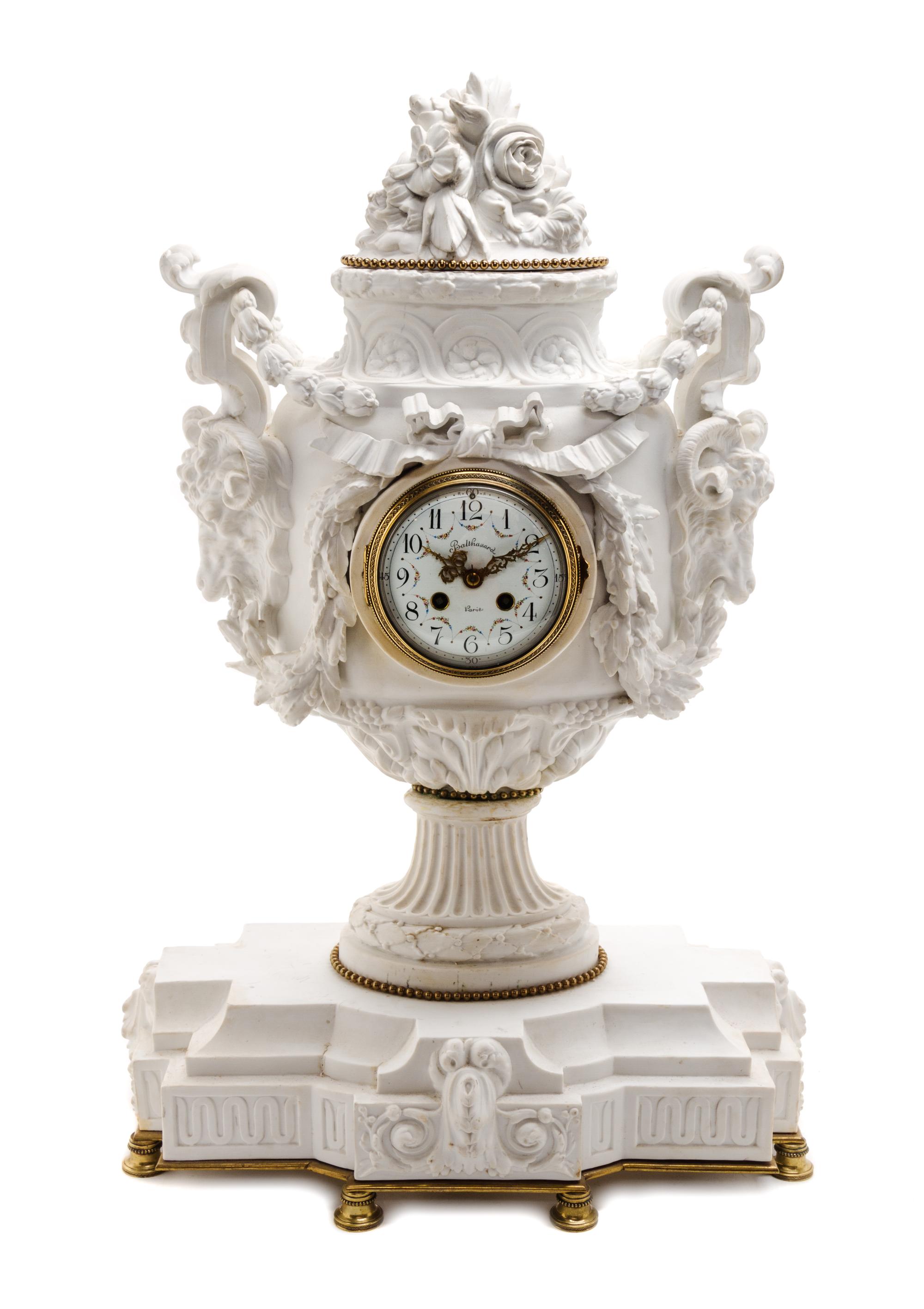 A Sevres Style Bisque Porcelain Mantel Clock, 19TH CENTURY, MOVEMENT BY L. MARTI, Height 26 1/2 inches. — 19TH CENTURY, MOVEMENT BY L. MARTI,