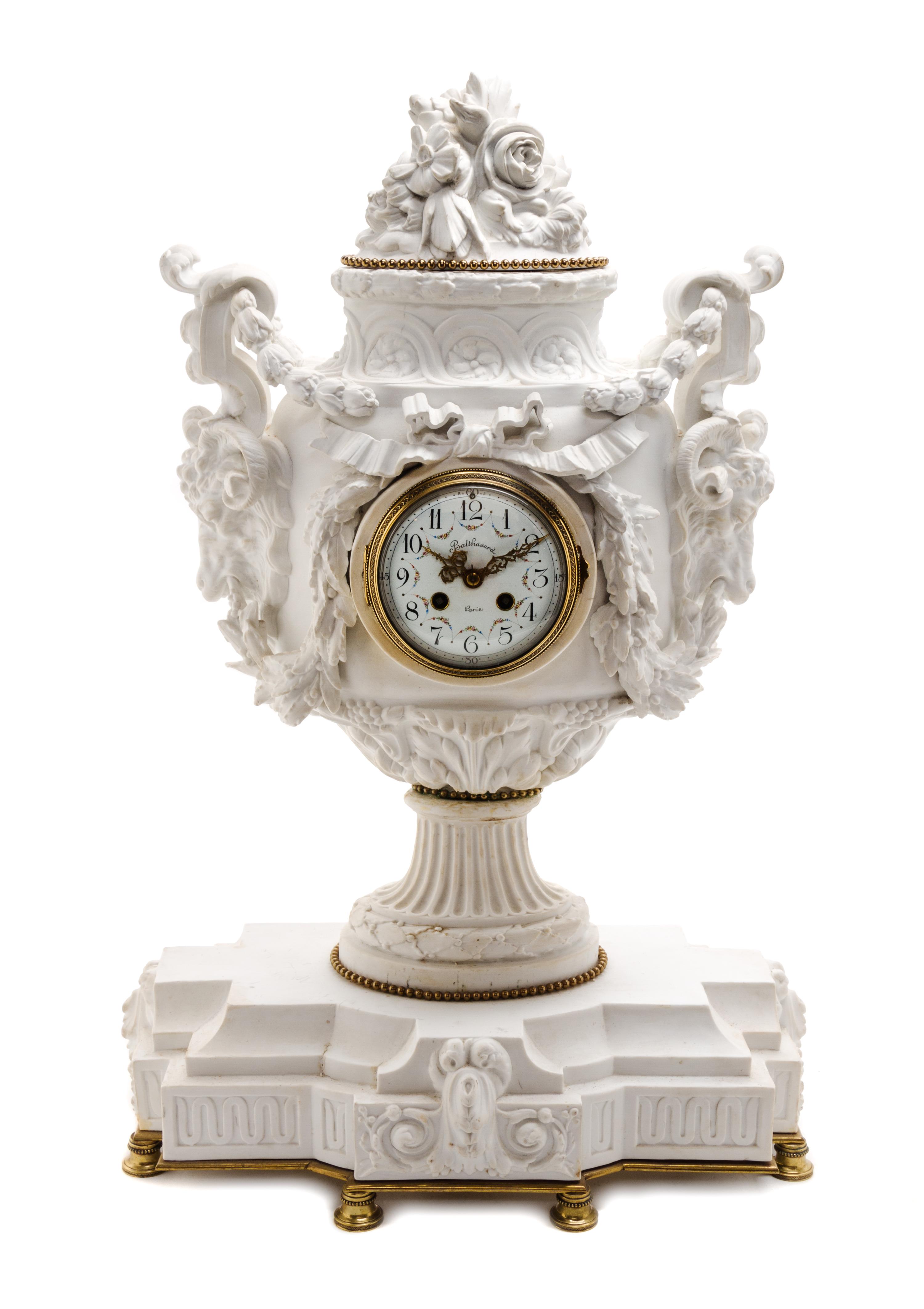 A Sevres Style Bisque Porcelain Mantel Clock, 19TH CENTURY, MOVEMENT BY L. MARTI, Height 26 1/2 inches. — 19TH CENTURY, MOVEMENT BY L. MARTI,