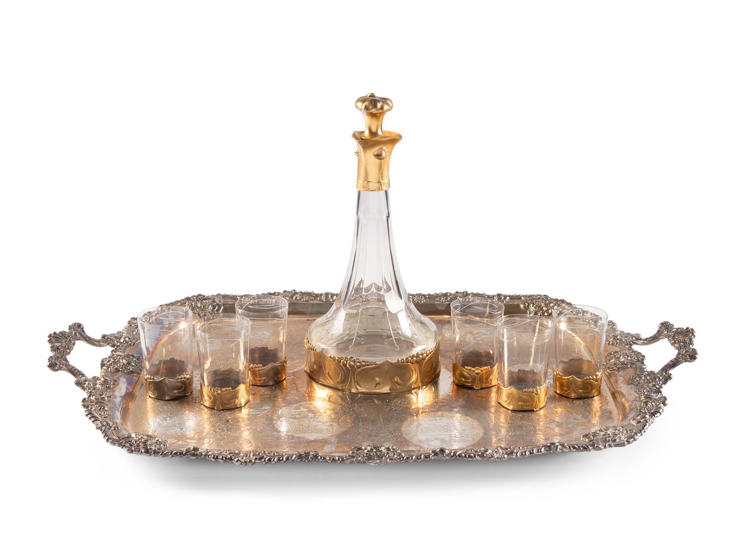An Art Nouveau Gilt Pewter Mounted Glass Osiris Drink Service by Friedrich Adler (1878-1942)