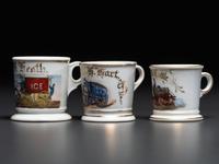 Three Horse-Drawn Delivery Wagon Porcelain Occupational Shaving Mugs