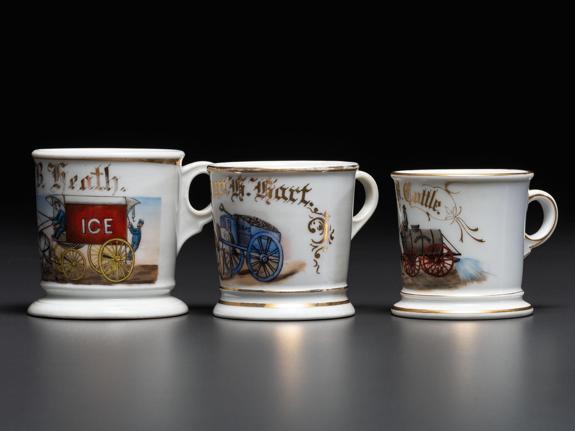 Three Horse-Drawn Delivery Wagon Porcelain Occupational Shaving Mugs