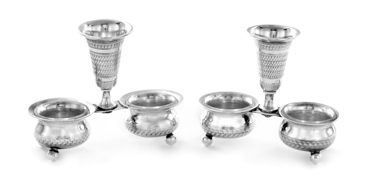 A Pair of Polish Silver-Plate Table Articles, Jakubowski & Jarra, each having a central trumpet-form vase surmounting two salts raised