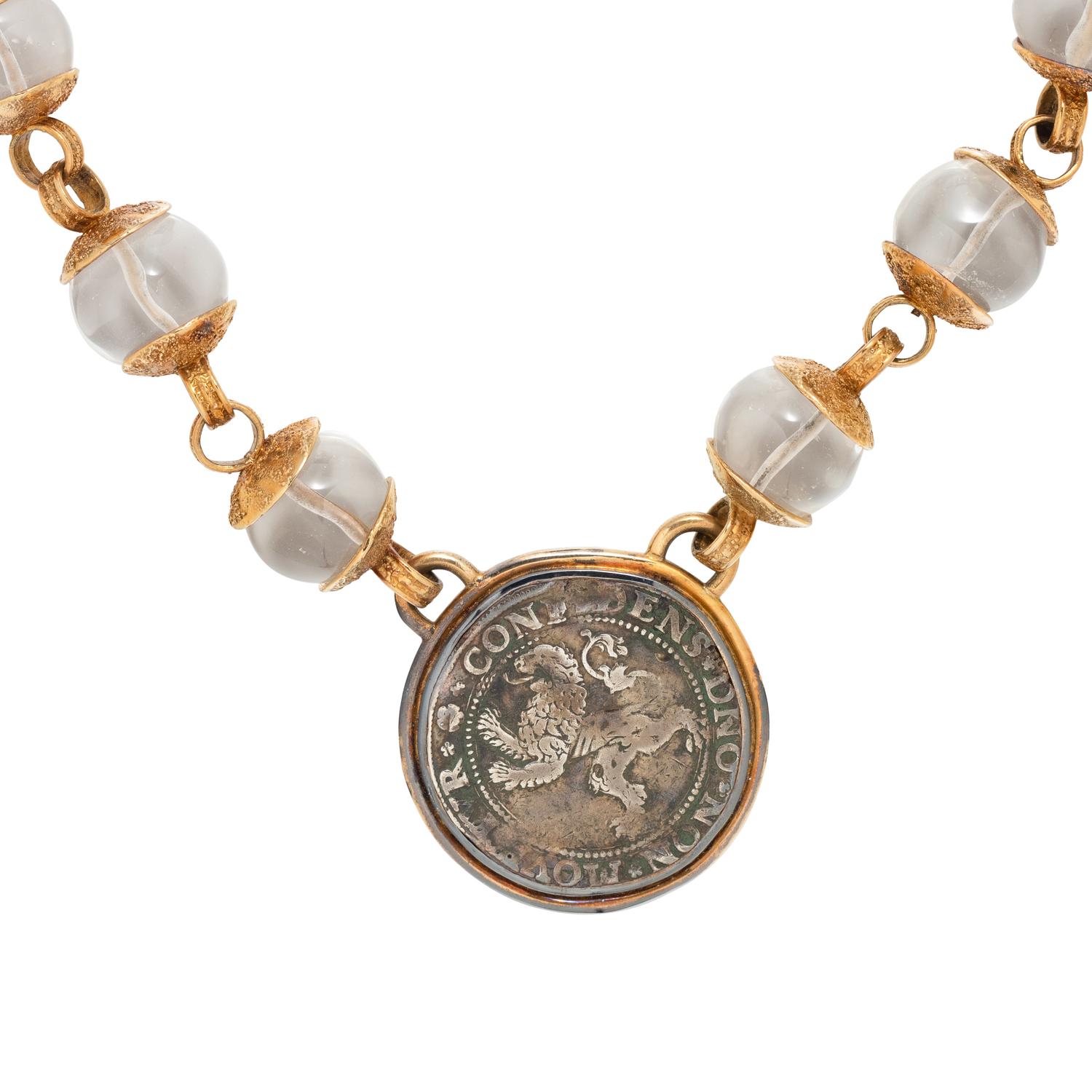ELIZABETH GAGE, YELLOW GOLD, ROCK CRYSTAL AND COIN NECKLACE
