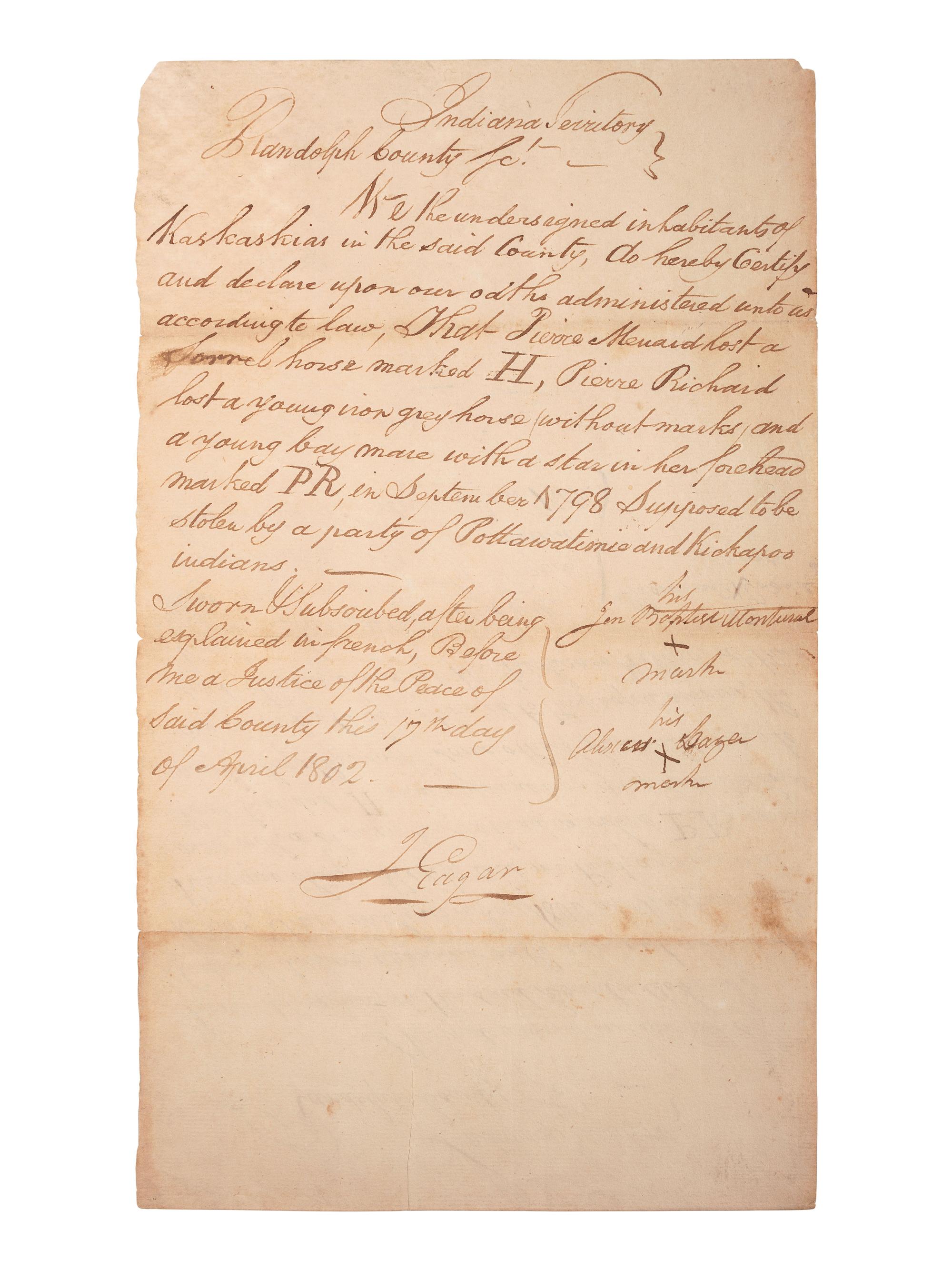 [NATIVE AMERICANS]. EDGAR, James. 2 Documents signed ("J Edgar"). Randolph County, Indiana Territory, 17 April 1802.