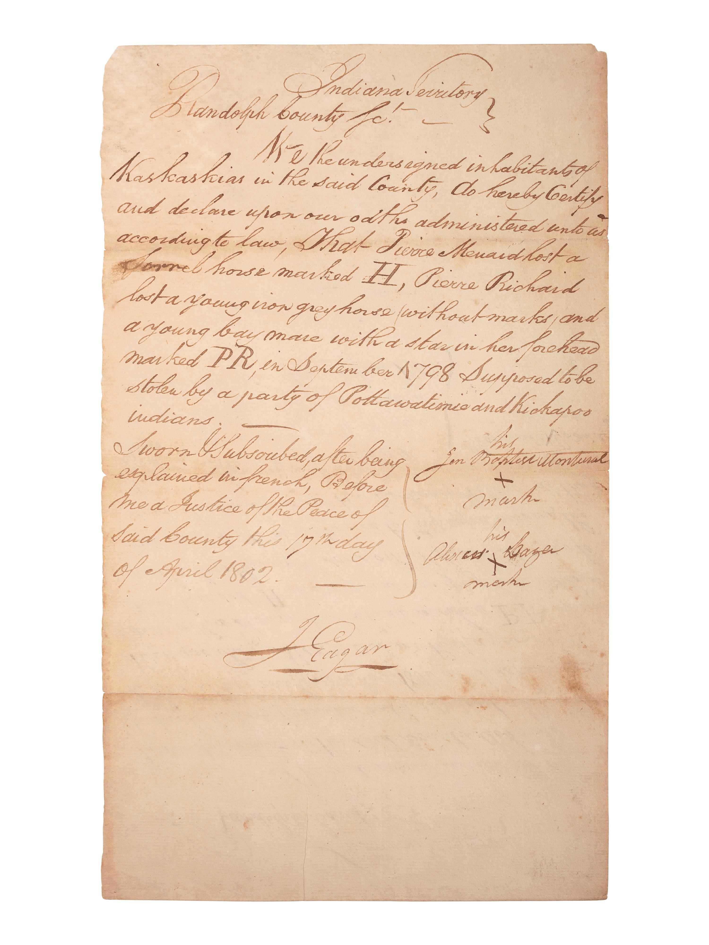 [NATIVE AMERICANS]. EDGAR, James. 2 Documents signed ("J Edgar"). Randolph County, Indiana Territory, 17 April 1802.