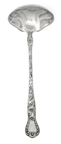 An American Silver Soup Ladle, Gorham Mfg. Co., Providence, RI, Marguerite pattern, decorated with flowers and foliate scrolls.