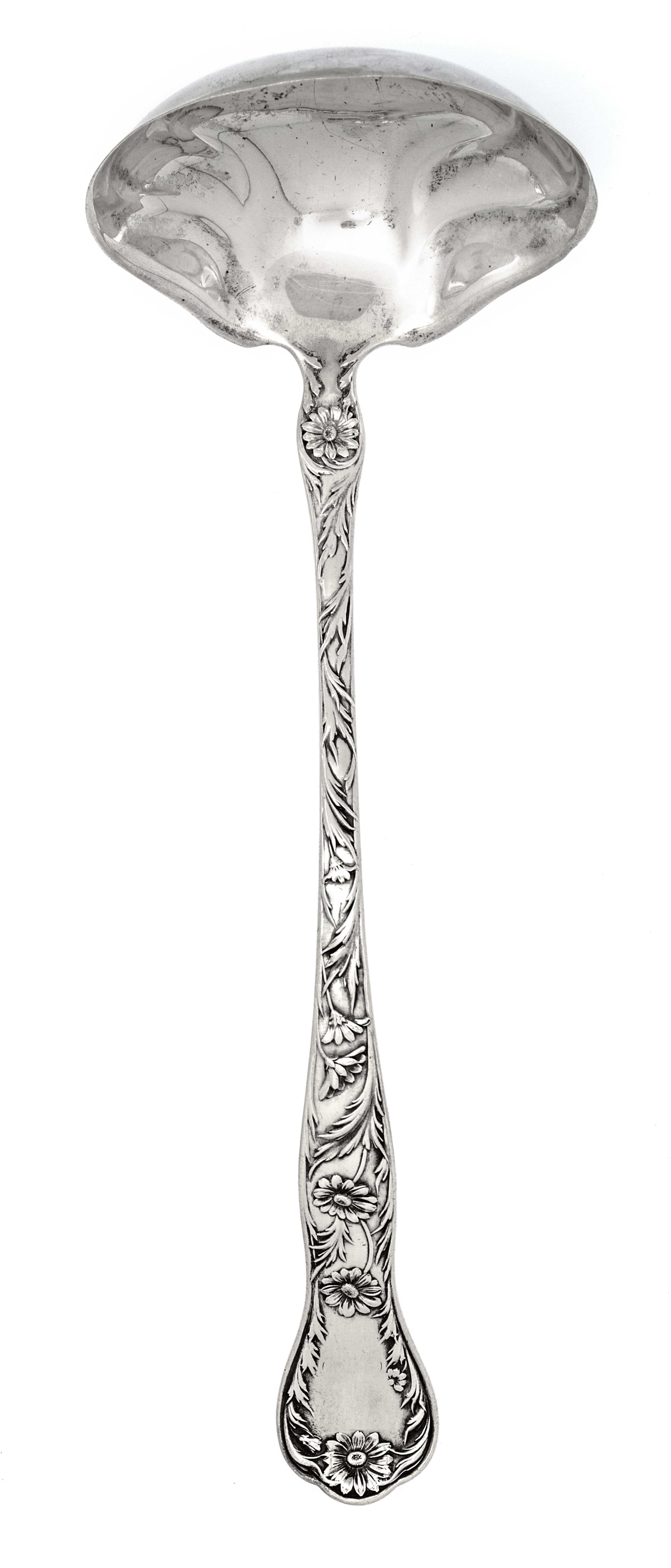An American Silver Soup Ladle, Gorham Mfg. Co., Providence, RI, Marguerite pattern, decorated with flowers and foliate scrolls.
