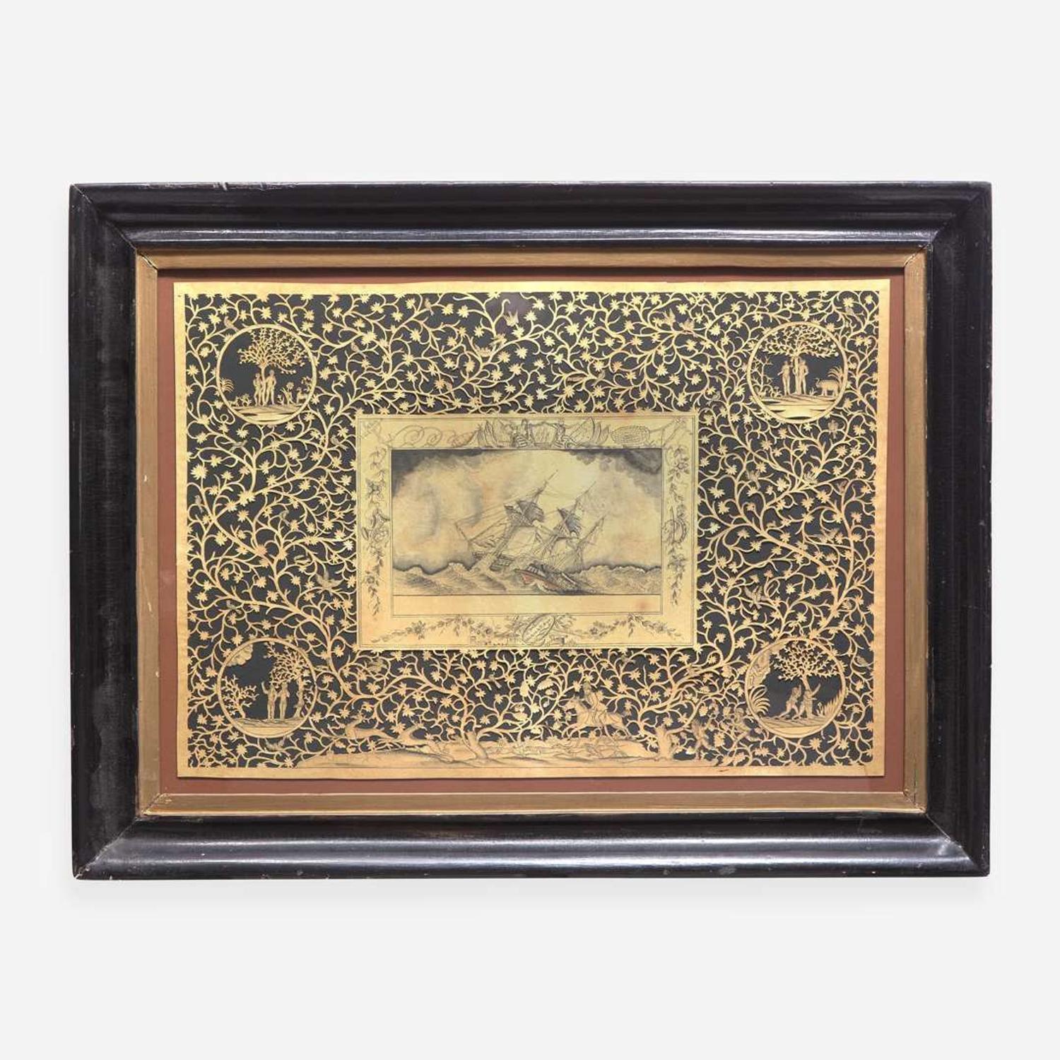 American School 19th century Two Works of Navigational Spiritual Guidance: A Nautical Cut-Work Picture and A Moral Compass for Seaman