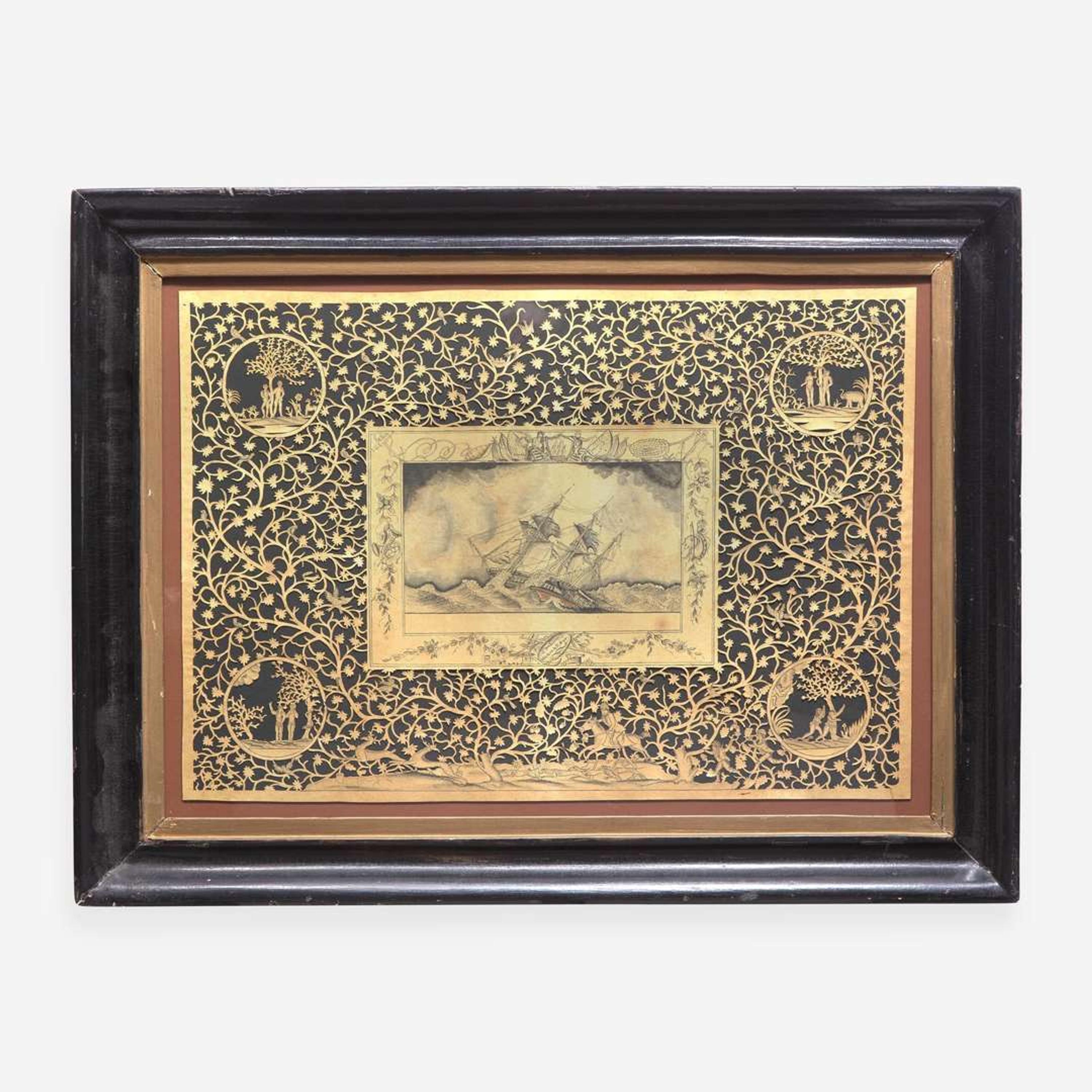 American School 19th century Two Works of Navigational Spiritual Guidance: A Nautical Cut-Work Picture and A Moral Compass for Seaman