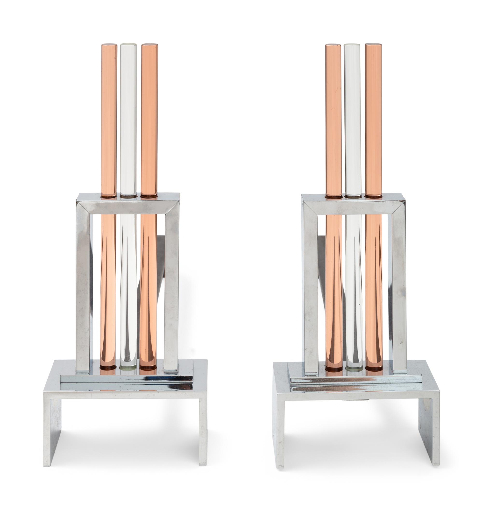 A Pair of Art Deco Style Chrome and Glass Andirons