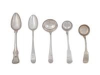 A Group of English Silver Serving Spoons and Ladles