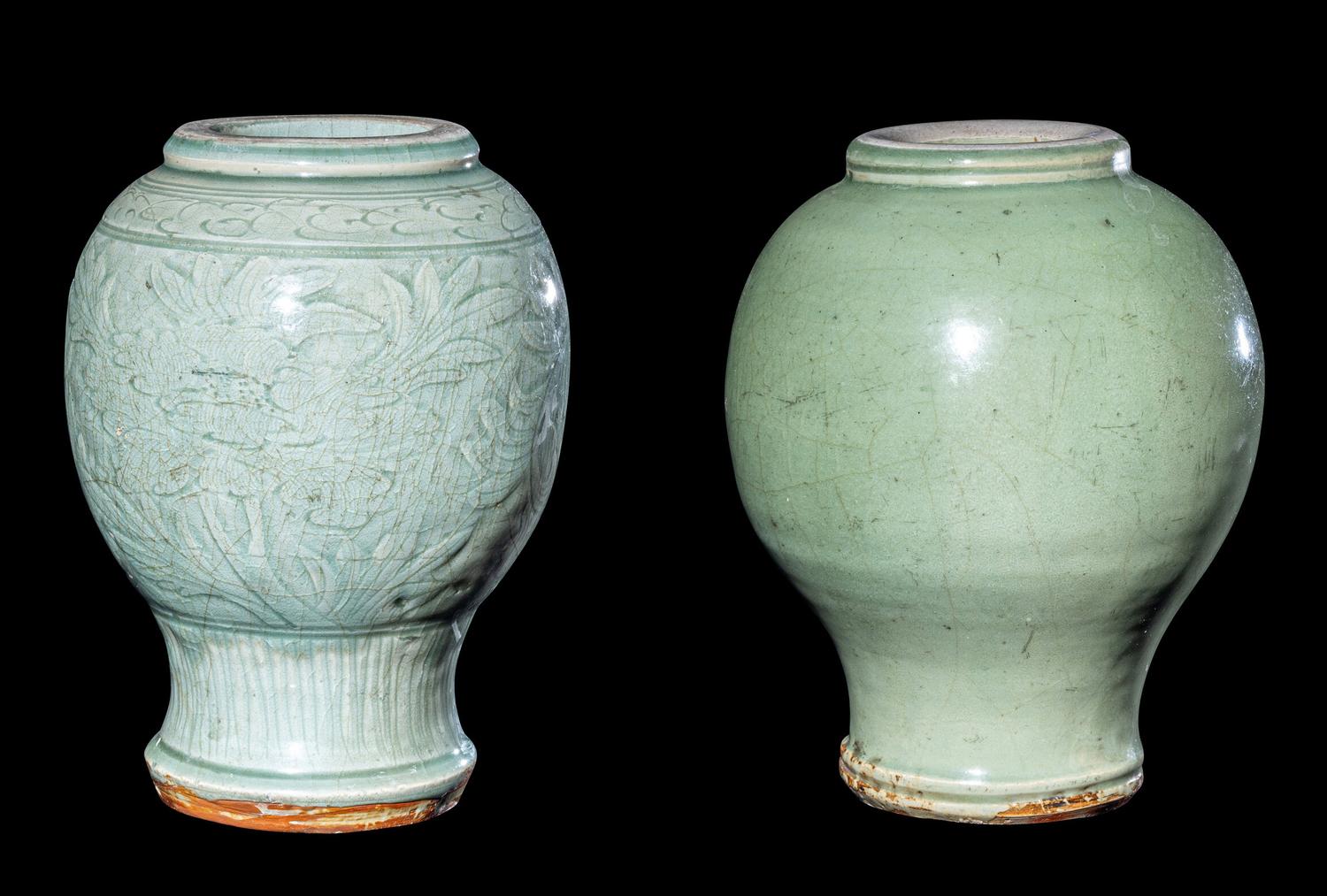 Two Chinese Longquan Celadon Glazed Porcelain Vases