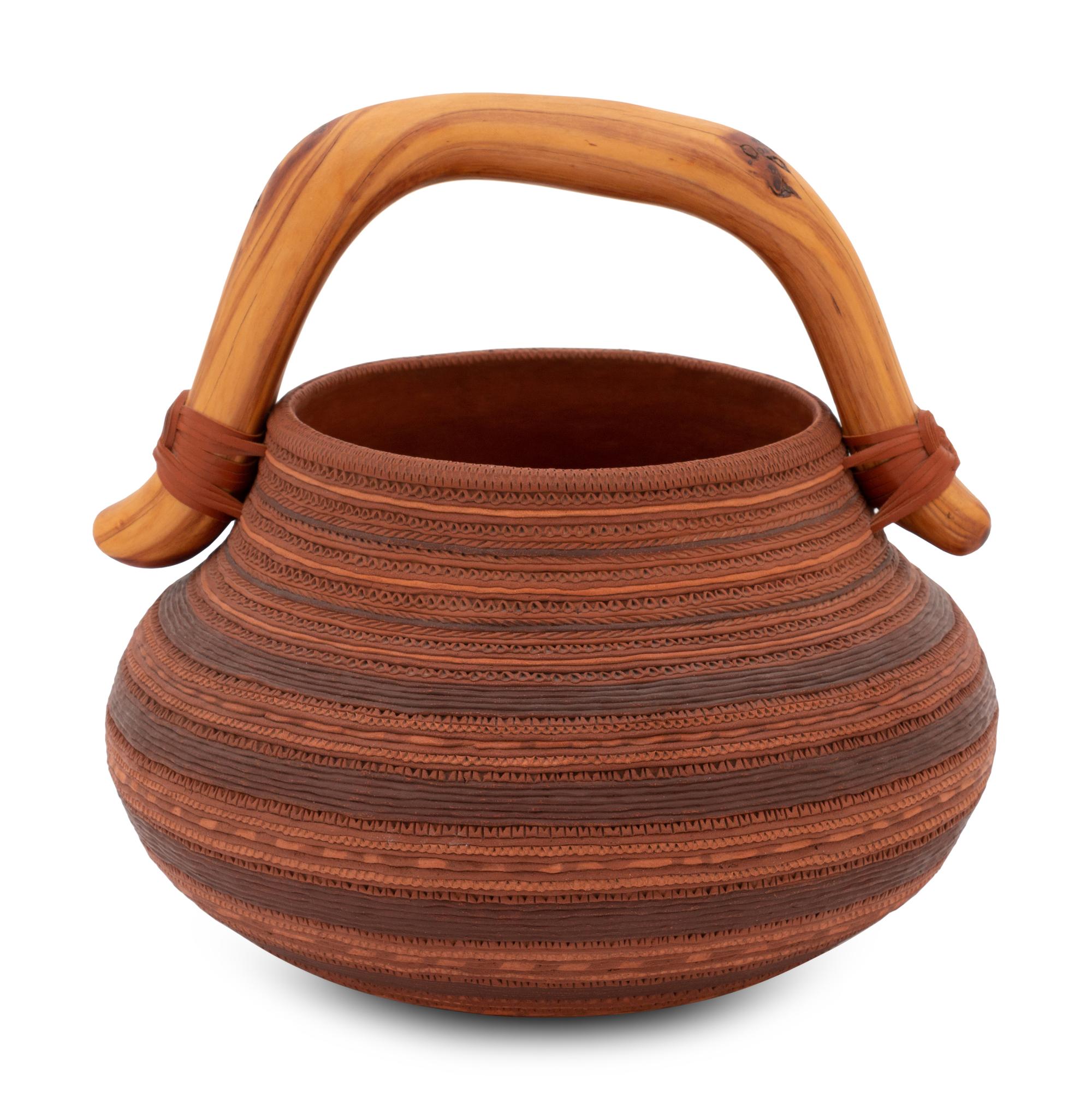 Corrugated Pottery Jar, with Wood Handle