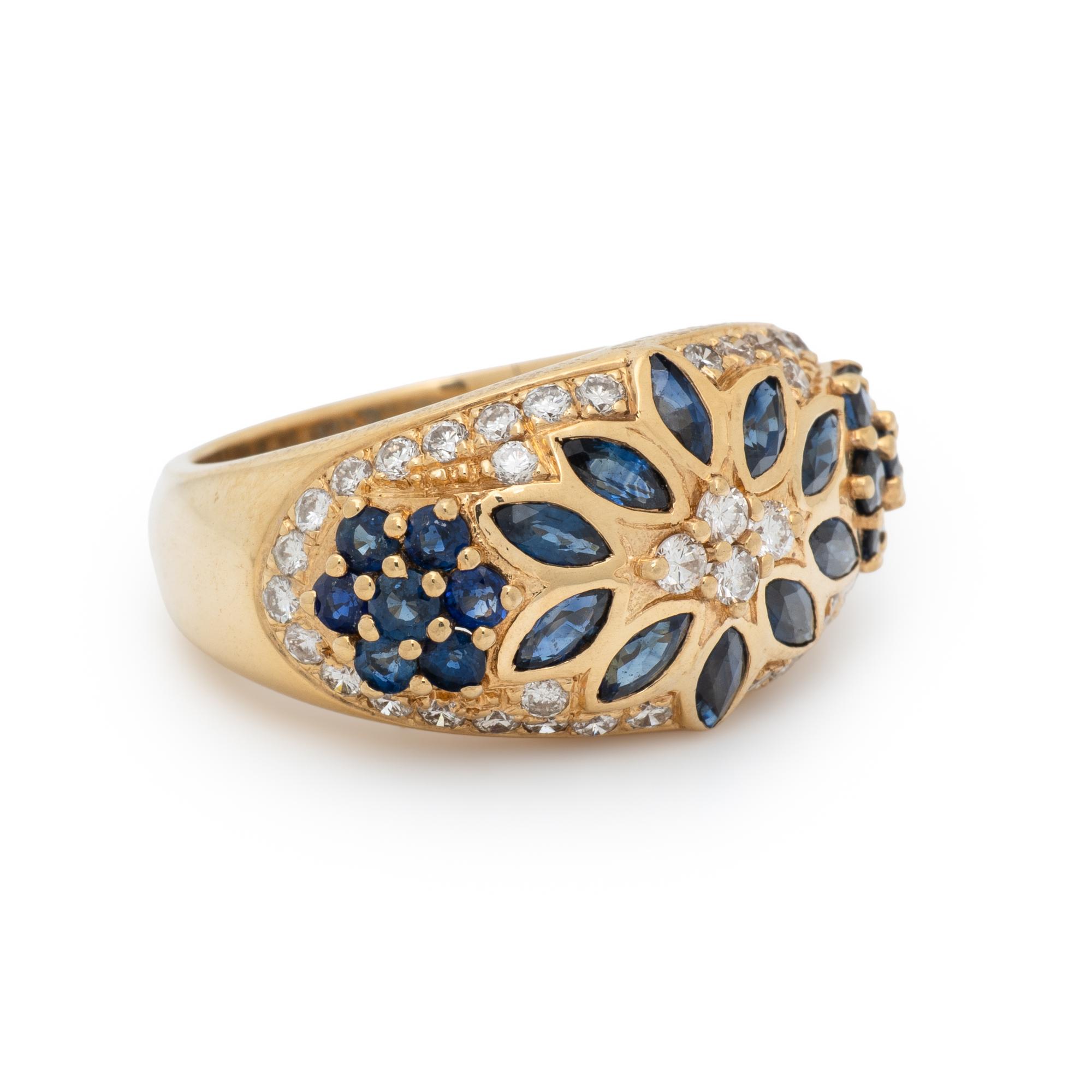 SAPPHIRE, DIAMOND, AND YELLOW GOLD FLOWER RING