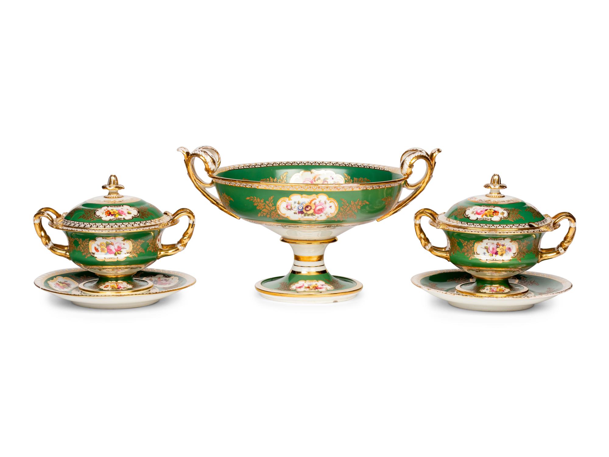 A Coalport Green-Ground Floral Porcelain Dessert Service