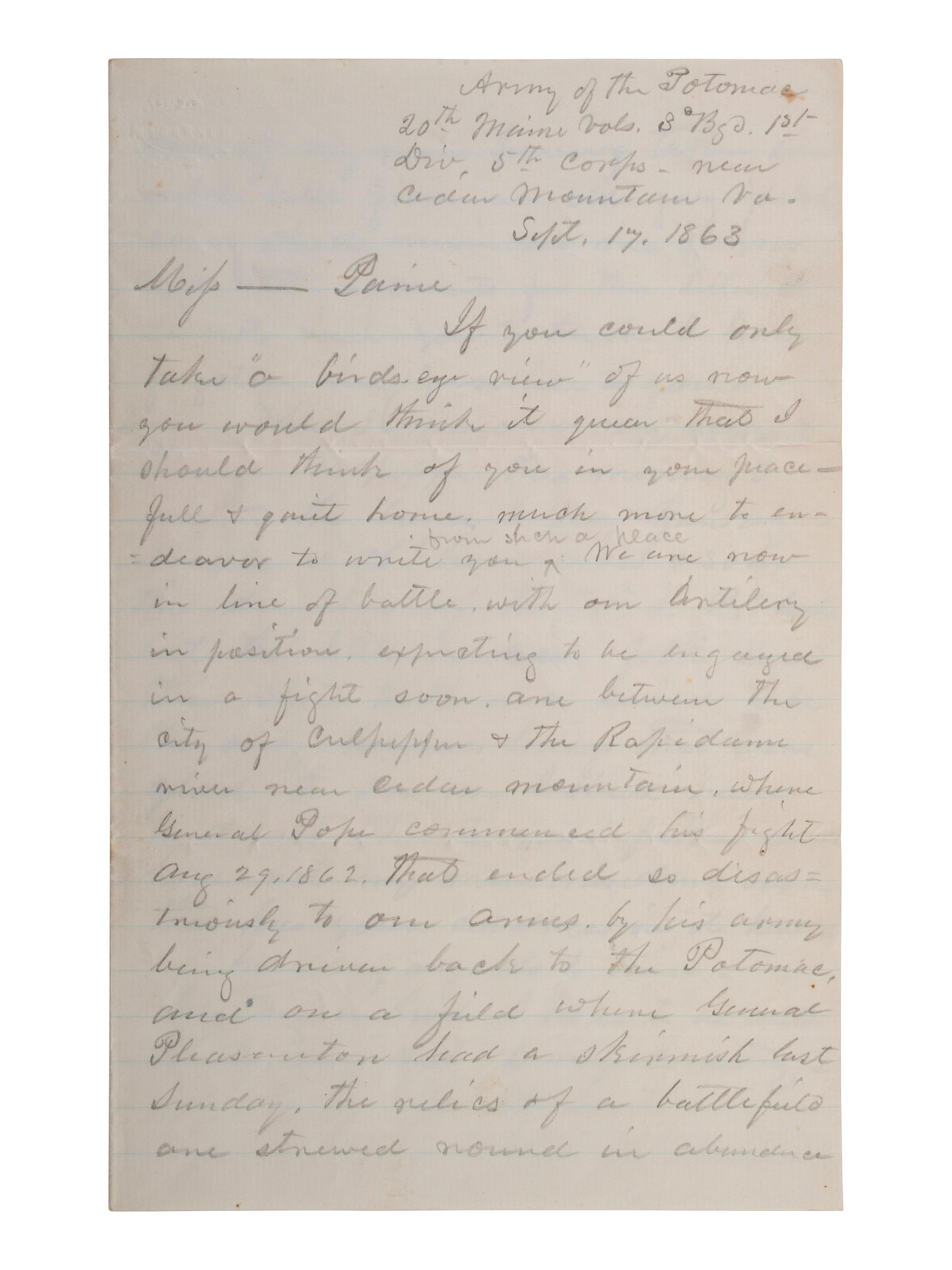 GILMORE, Charles D. (1816-1884). Autograph letter signed ("Chas. D. Gilmore"). "Near Cedar Mountain Va," 17 September 1863.