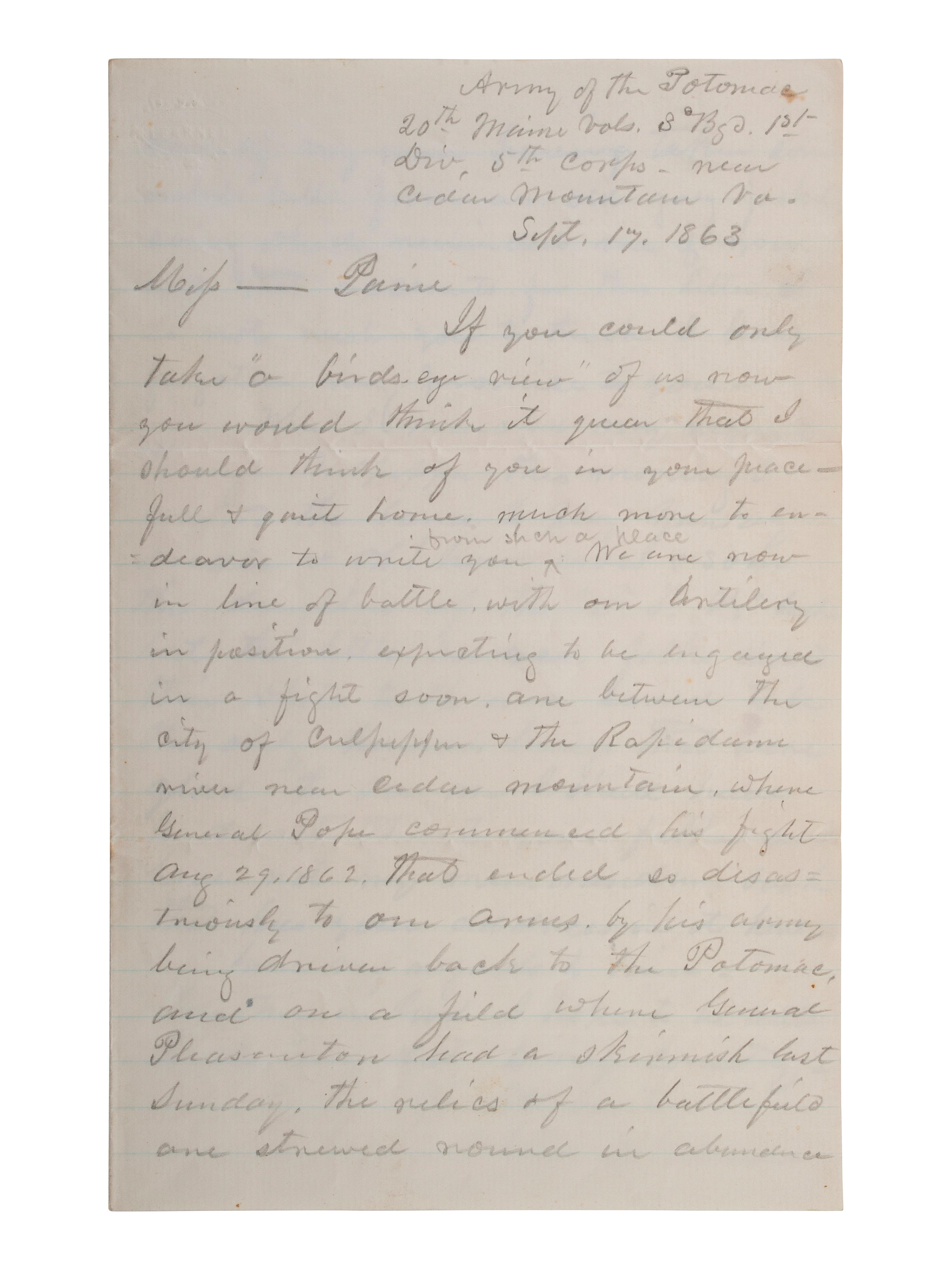 GILMORE, Charles D. (1816-1884). Autograph letter signed ("Chas. D. Gilmore"). "Near Cedar Mountain Va," 17 September 1863.
