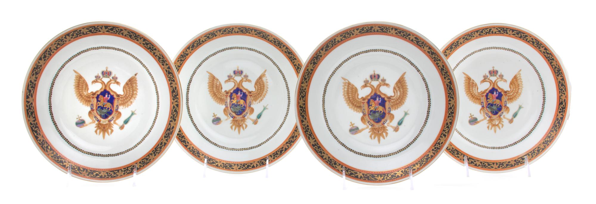 Four Chinese Export Armorial Plates, LIKELY LATE 19TH CENTURY, Diameter 9 1/4 inches. — LIKELY LATE 19TH CENTURY,