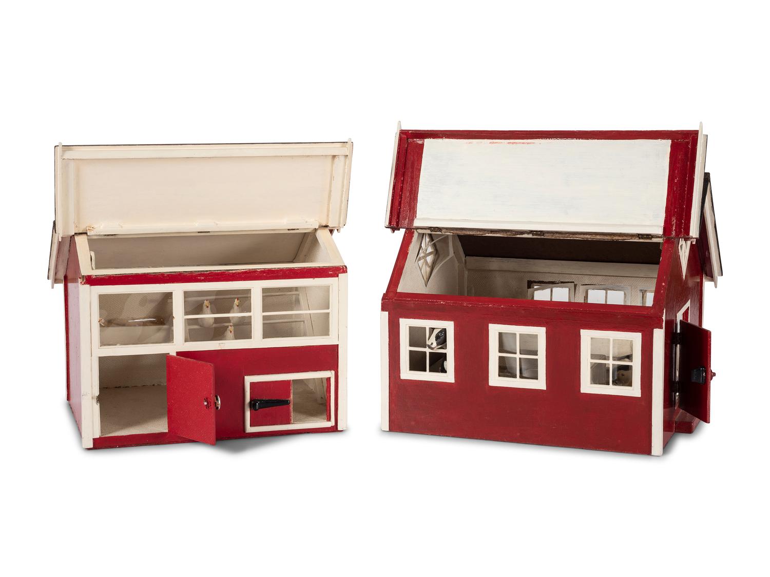 A Painted Wood Toy Barn and Chicken House