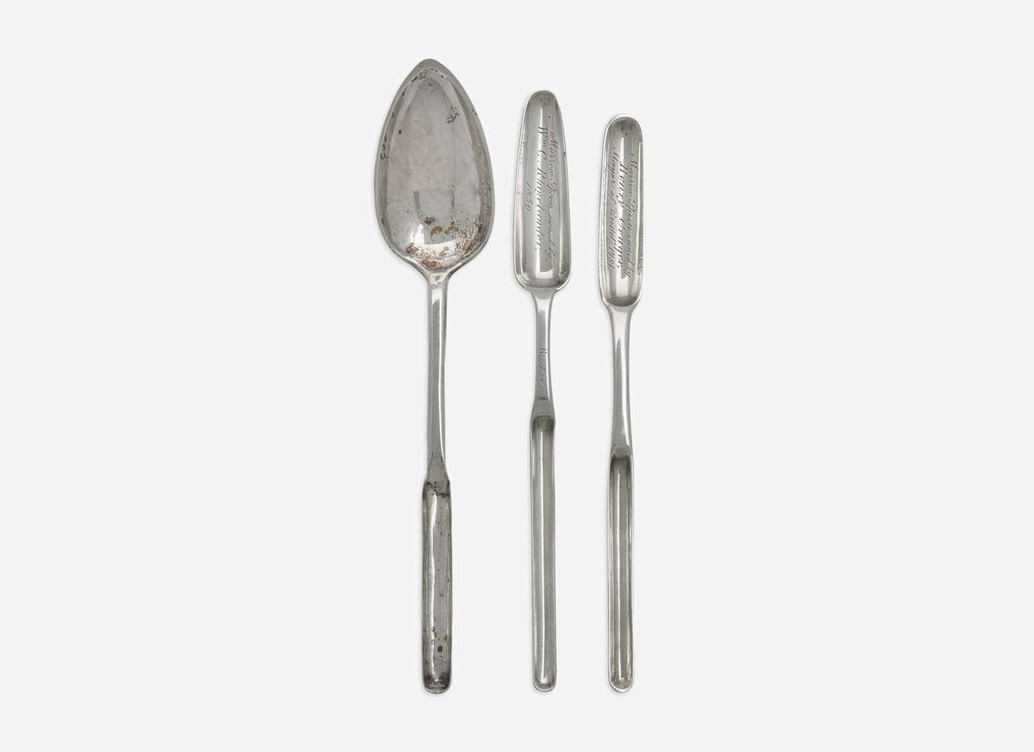 A group of three silver marrow scoops / spoons, two of New York historical interest, William Garret Forbes (1751-1840), George W. Welsh (active c. 1850s), New York, NY, and maker "JM," late 18th to mid-19th century
