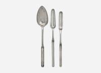 A group of three silver marrow scoops / spoons, two of New York historical interest, William Garret Forbes (1751-1840), George W. Welsh (active c. 1850s), New York, NY, and maker "JM," late 18th to mid-19th century