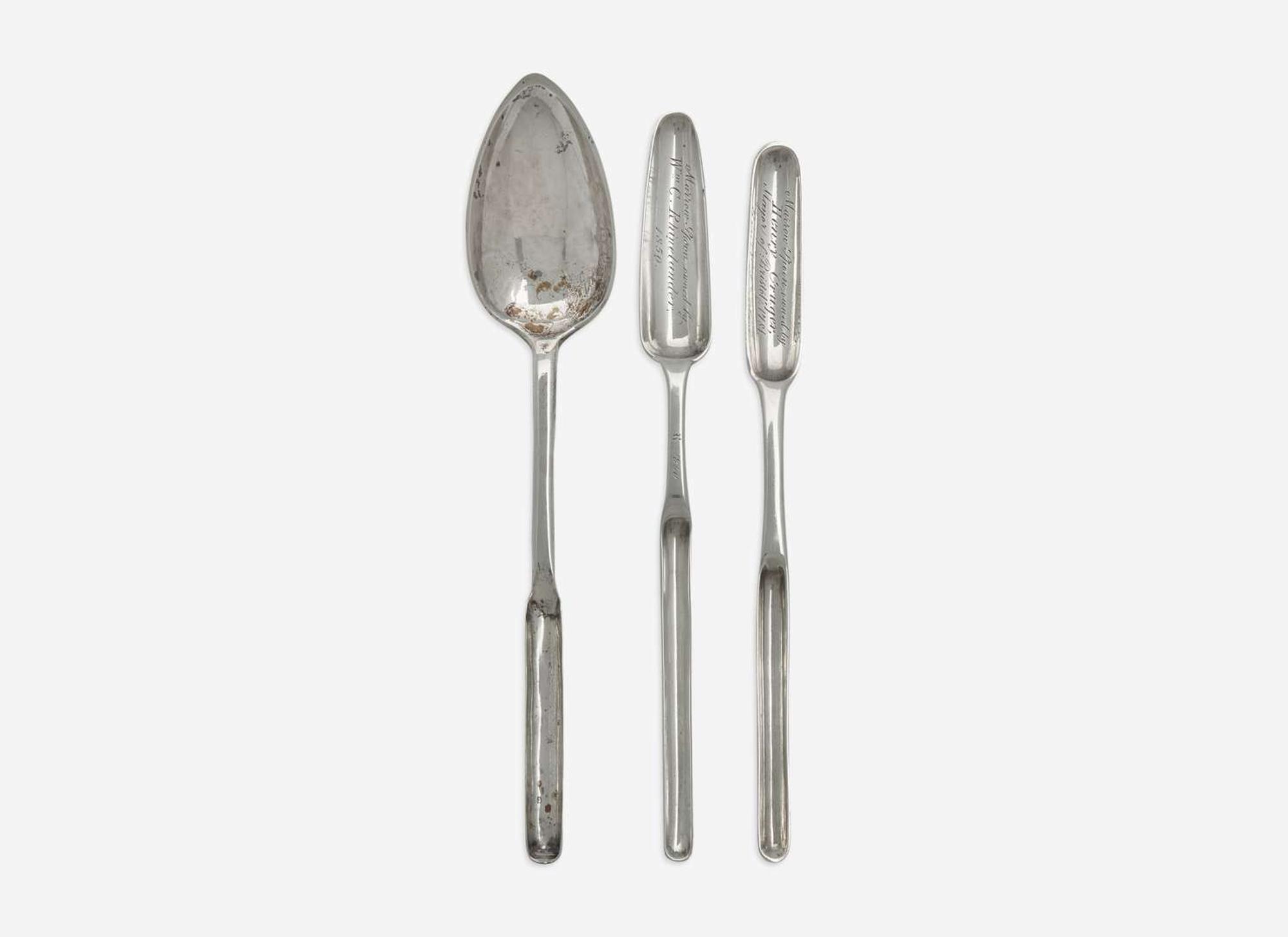 A group of three silver marrow scoops / spoons, two of New York historical interest, William Garret Forbes (1751-1840), George W. Welsh (active c. 1850s), New York, NY, and maker "JM," late 18th to mid-19th century