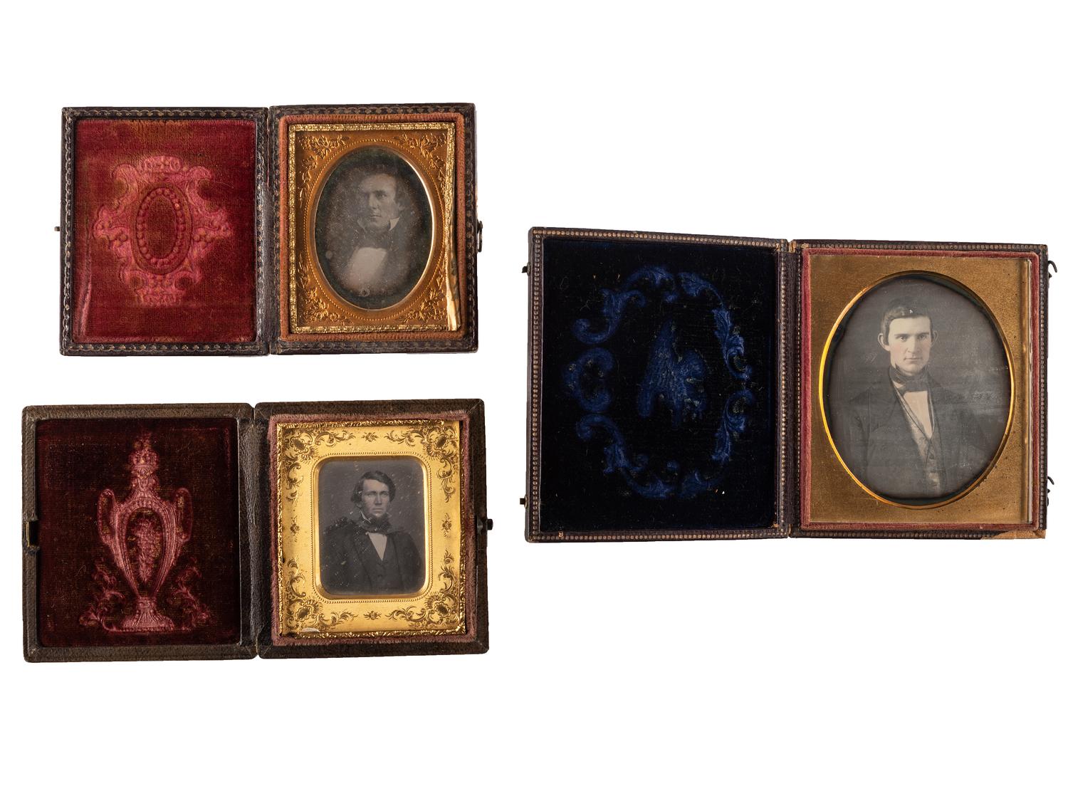 [EARLY PHOTOGRAPHY]. A group of 19 cased images, mostly daguerreotypes of young men, highlighted by portraits by Van Loan and Ennis Galleries, including: