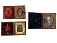 [EARLY PHOTOGRAPHY]. A group of 19 cased images, mostly daguerreotypes of young men, highlighted by portraits by Van Loan and Ennis Galleries, including:
