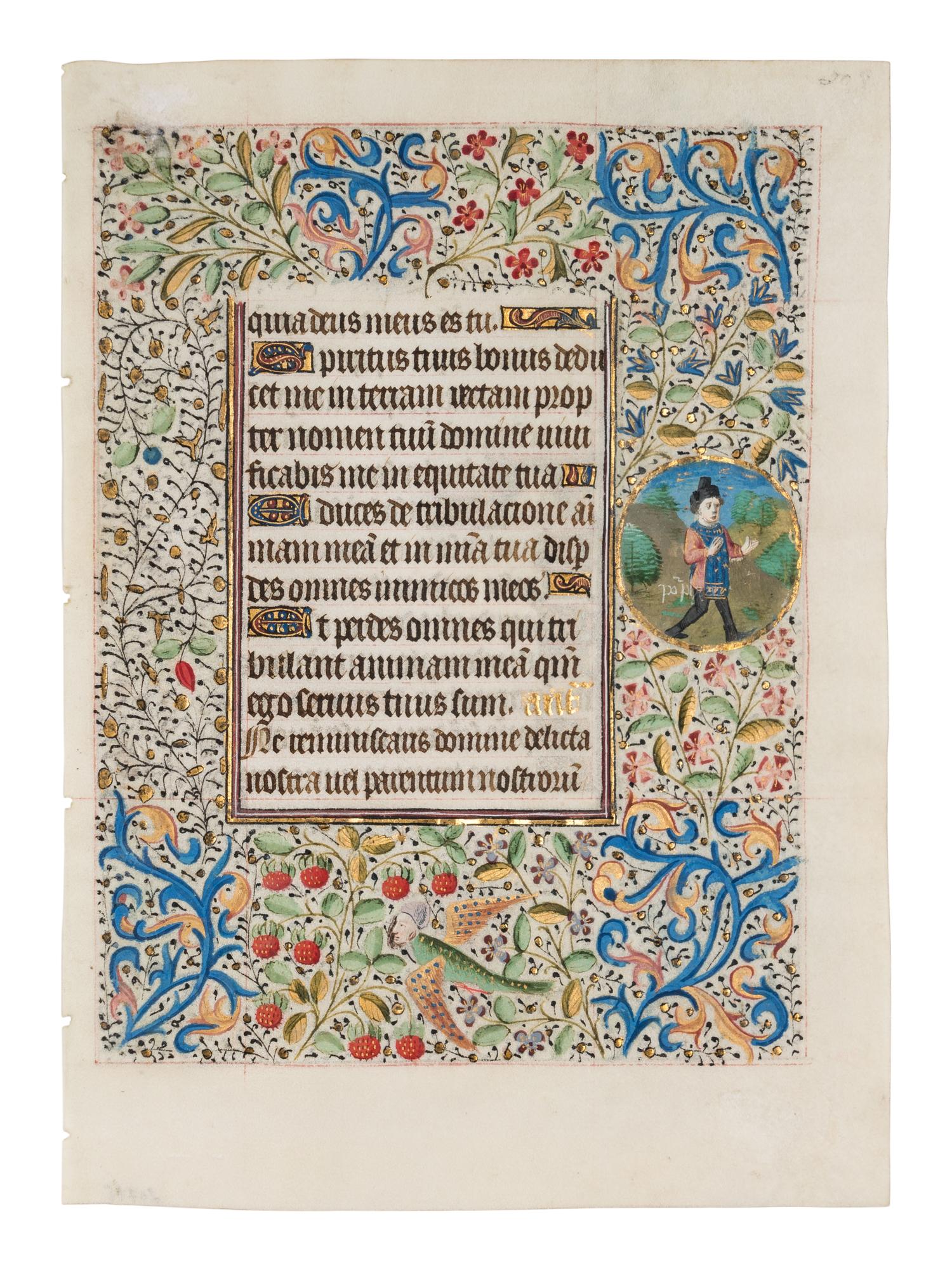 CIRCLE OF THE MASTER OF COËTIVY (COLIN D’AMIENS) (active Paris, c. 1450-1485) A leaf from the “Alexis Hours,” including a historiated initial of a Cleric and two roundels with Scenes from the Life of St. Catherine, in Latin, illuminated manuscript on parchment [Paris, c. 1460-1470].