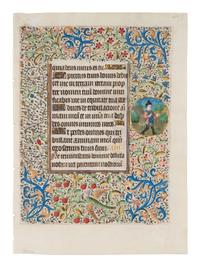 CIRCLE OF THE MASTER OF COËTIVY (COLIN D’AMIENS) (active Paris, c. 1450-1485) A leaf from the “Alexis Hours,” including a historiated initial of a Cleric and two roundels with Scenes from the Life of St. Catherine, in Latin, illuminated manuscript on parchment [Paris, c. 1460-1470].