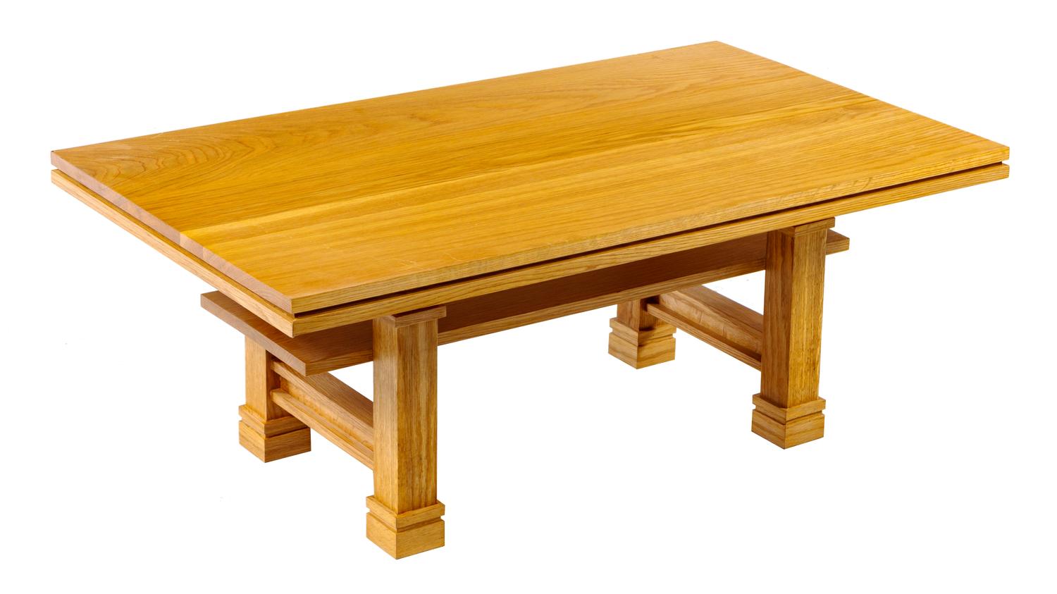 A Contemporary Low Oak Table, after Frank Lloyd Wright Height 15 x width 38 x depth 22 inches. — LATE 20TH CENTURY