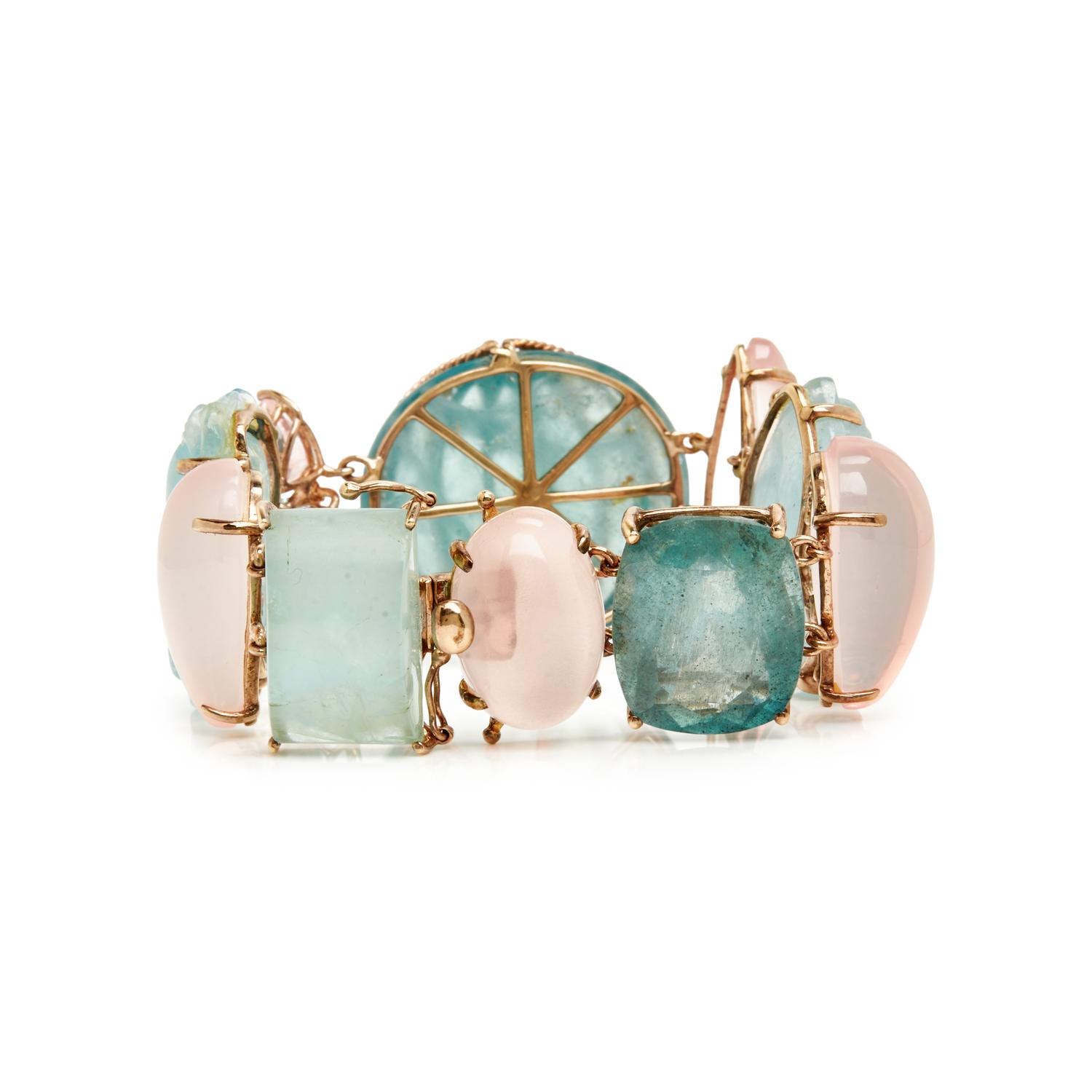 YELLOW GOLD AND MULTIGEM CLIP EARRINGS AND BRACELET