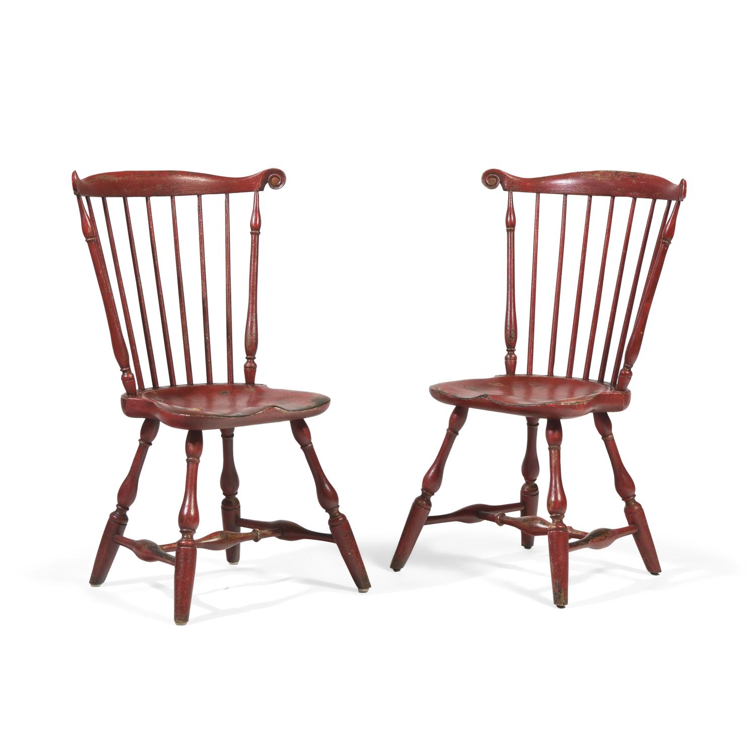 A Pair of Red-Painted Fan-Back Windsor Side Chairs