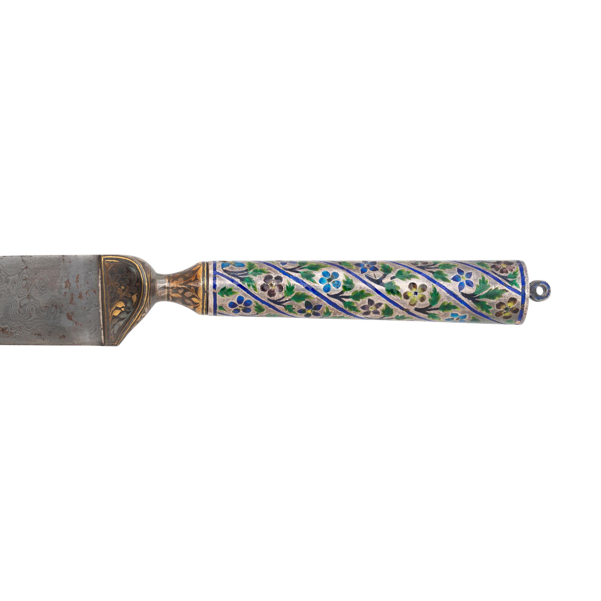 19th Century Indo-Persian Kard Dagger with Enameled Hilt and Wootz Steel Blade