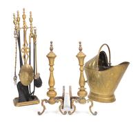 A Neoclassical Brass Fire Fender and Fireplace Tools Width of fire fender 53 inches. — 19TH/20TH CENTURY